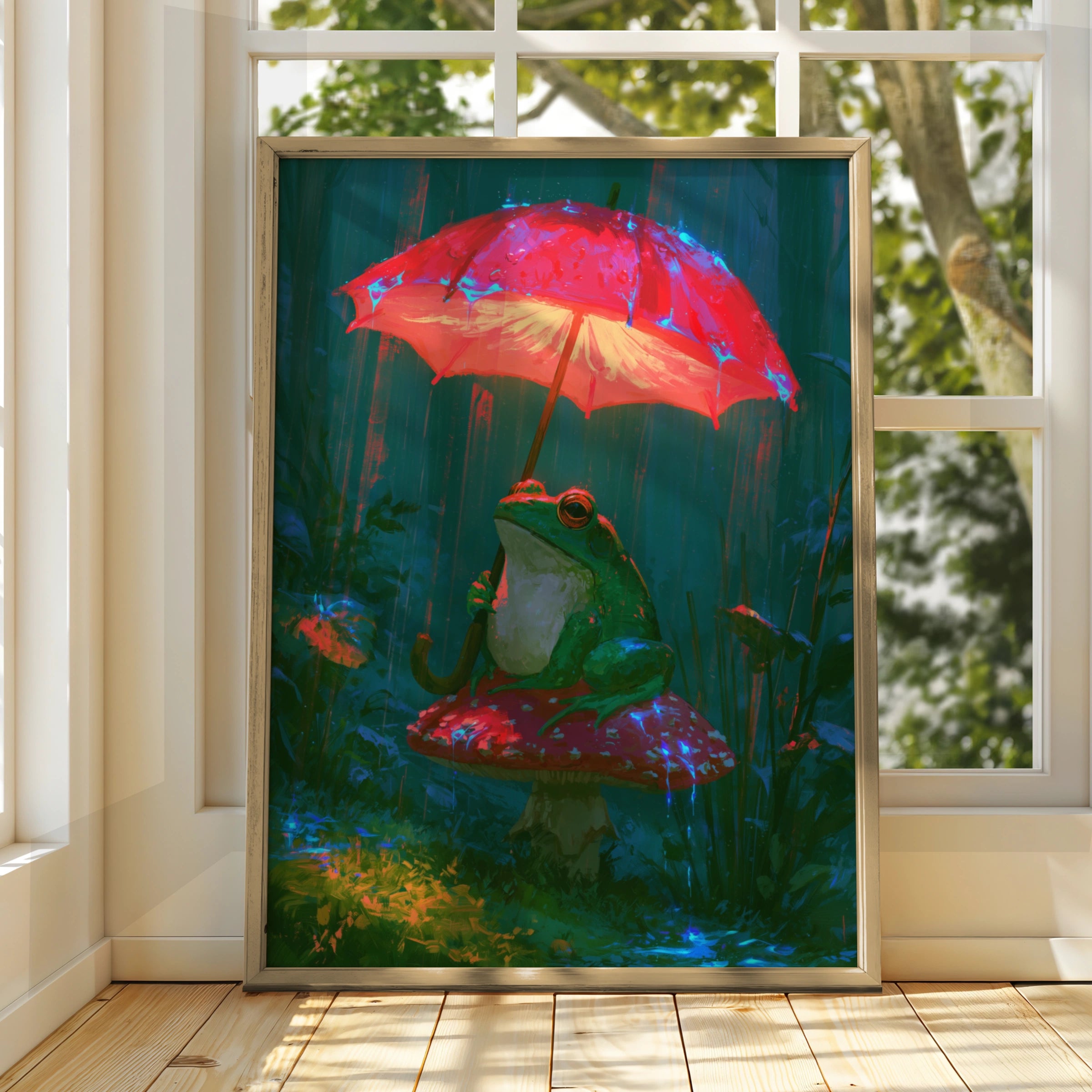 Frog on Mushroom with Umbrella Wall Art Poster, Whimsical Forest Print