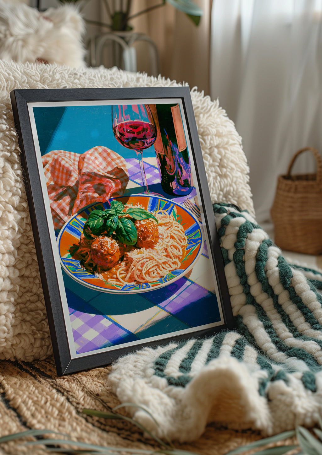 Pasta Meatballs Italian Food Poster, Spaghetti Wall Art, Colourful Kitchen Print