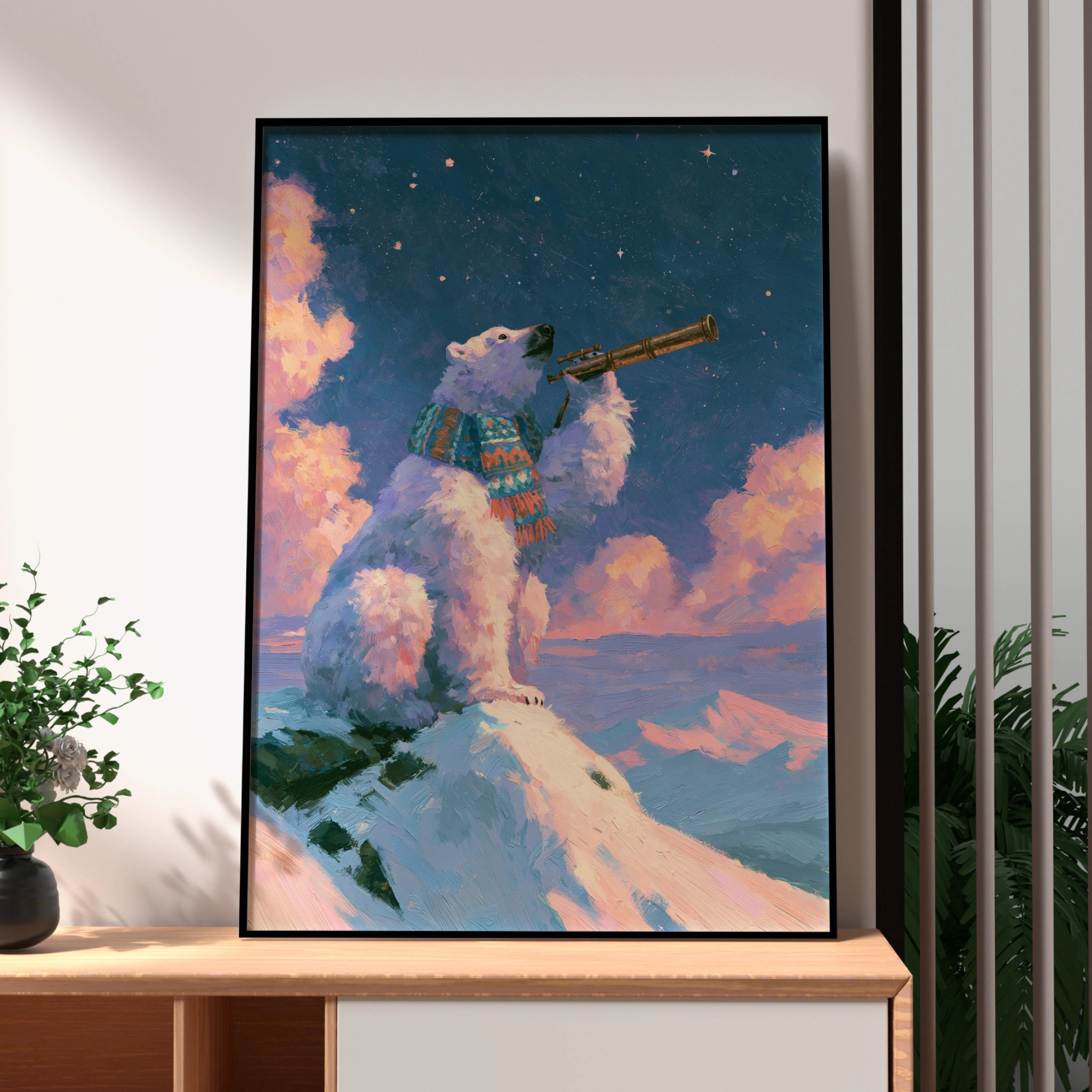 Polar Bear Stargazing Poster, Arctic Night Sky, Whimsical Animal Wall Art
