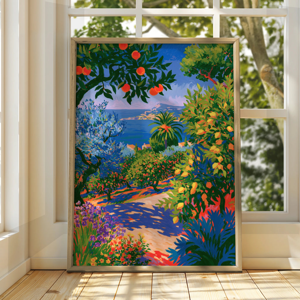 Mediterranean Garden Path Poster, Orange Lemon Trees, Coastal Wall Art Print