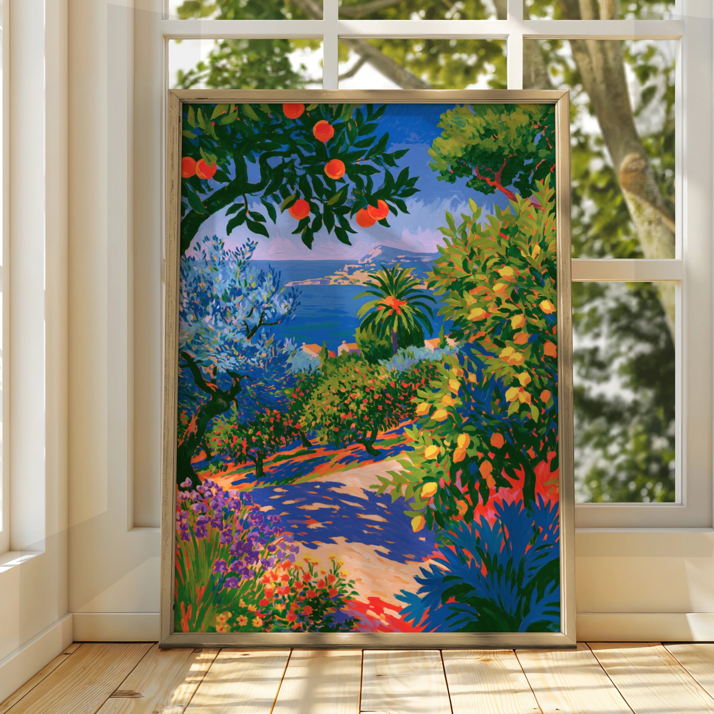 Mediterranean Garden Path Poster, Orange Lemon Trees, Coastal Wall Art Print