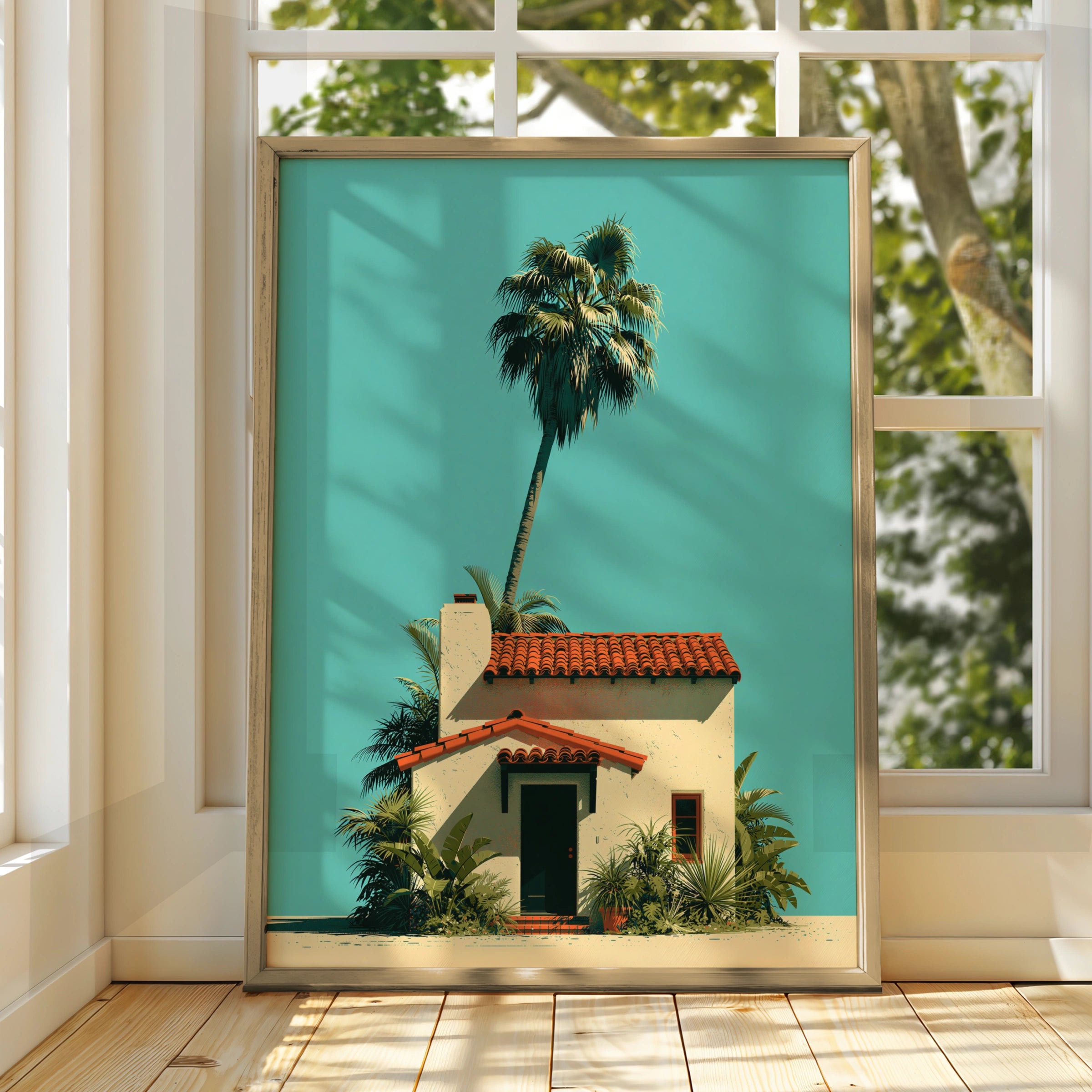 Solitary Palm Tree Spanish House Poster, Minimalist Tropical Architecture Print