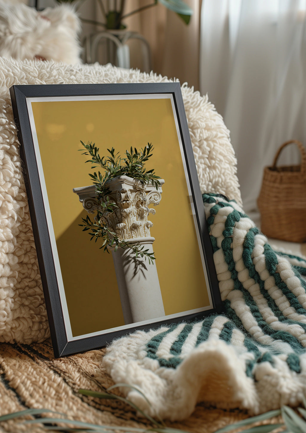 Greek Column Olive Branch Poster, Corinthian Capital Wall Art, Yellow Minimalist Print