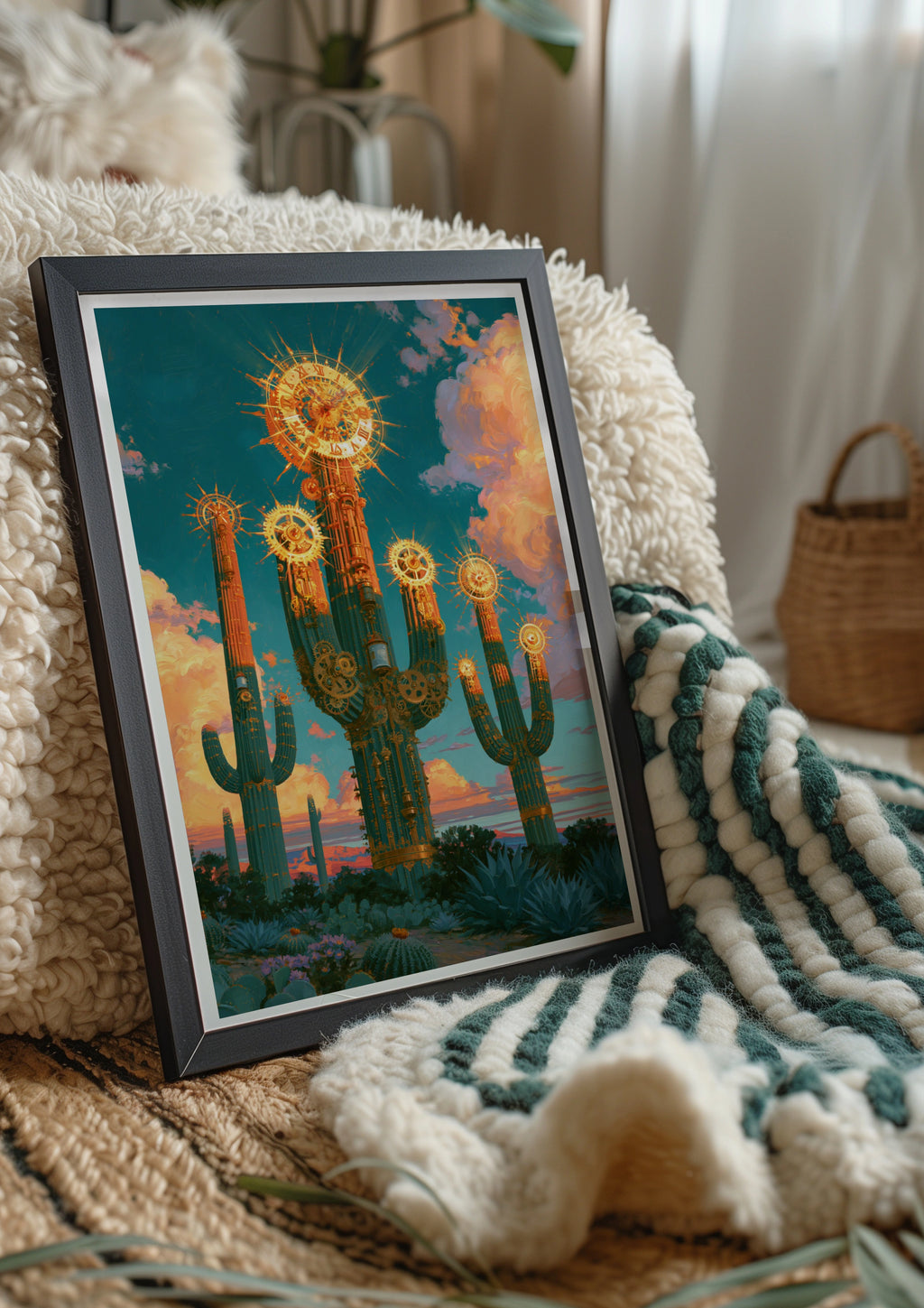 Steampunk Cactus Sun Clock Poster, Desert Fantasy Wall Art, Teal Gold Print