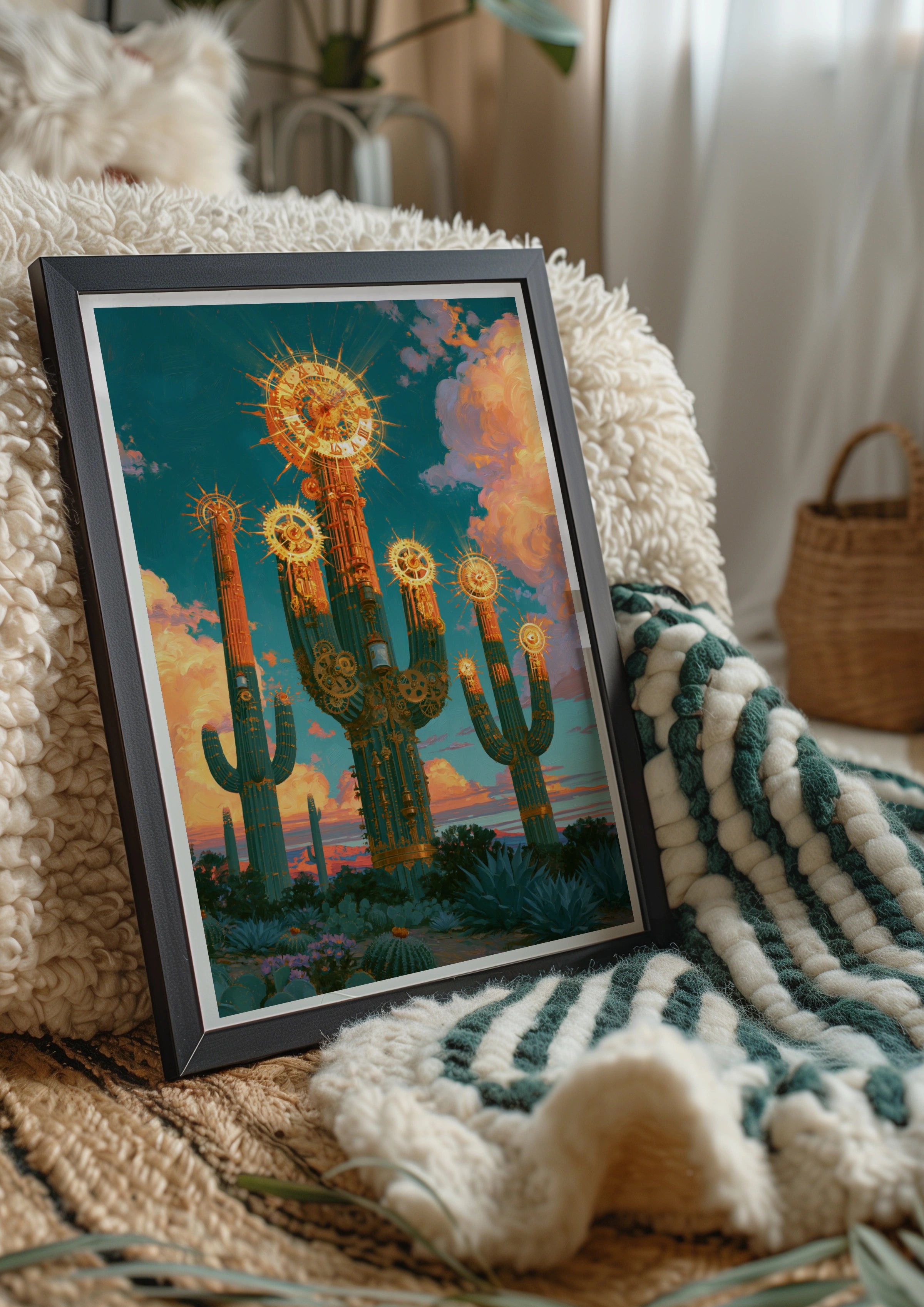 Steampunk Cactus Sun Clock Poster, Desert Fantasy Wall Art, Teal Gold Print