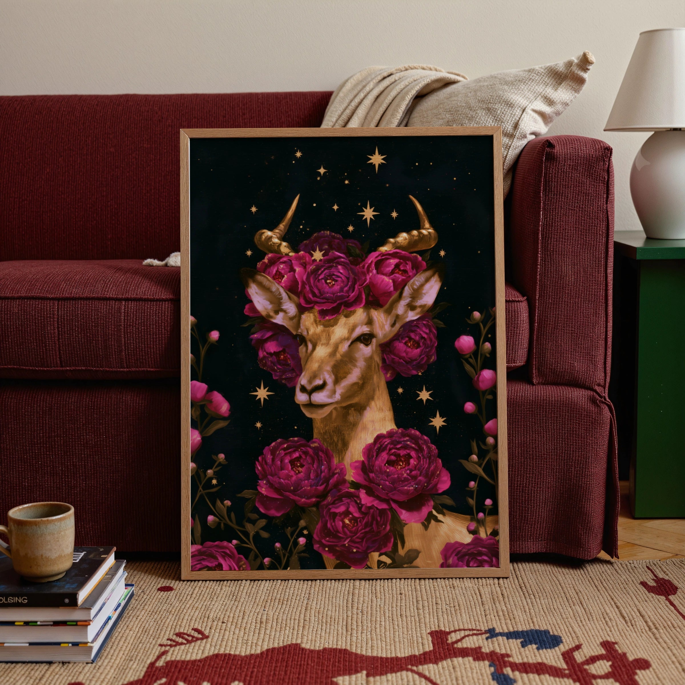 Antelope Flowers Stars Poster, Dark Floral Animal Wall Art, Celestial Print