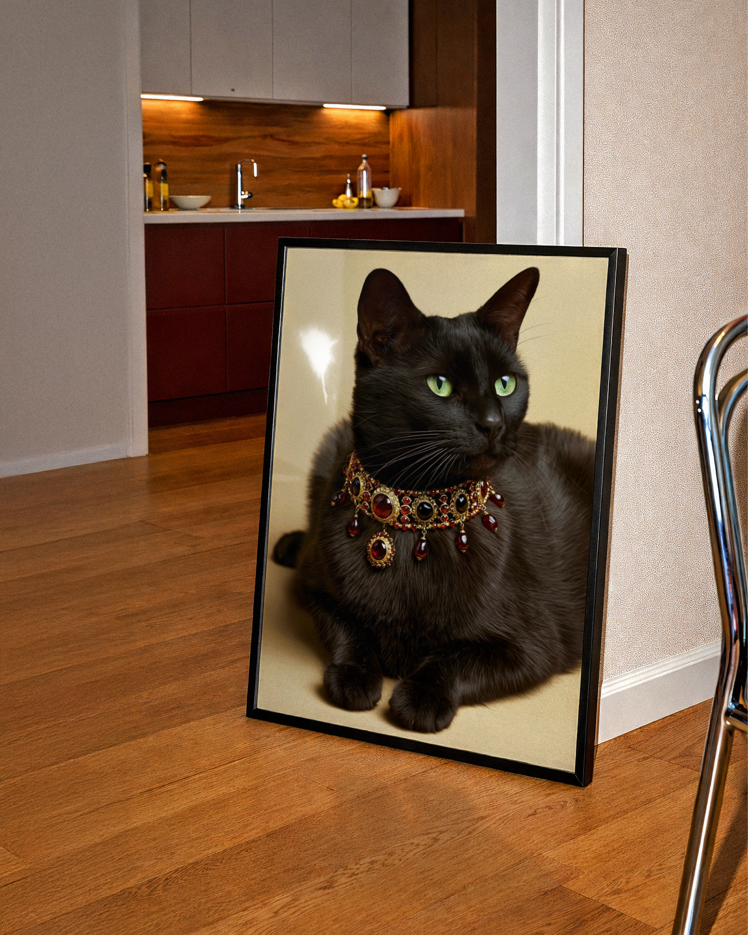 Black Cat Ruby Necklace Poster, Regal Feline Portrait, Jewelled Art Print