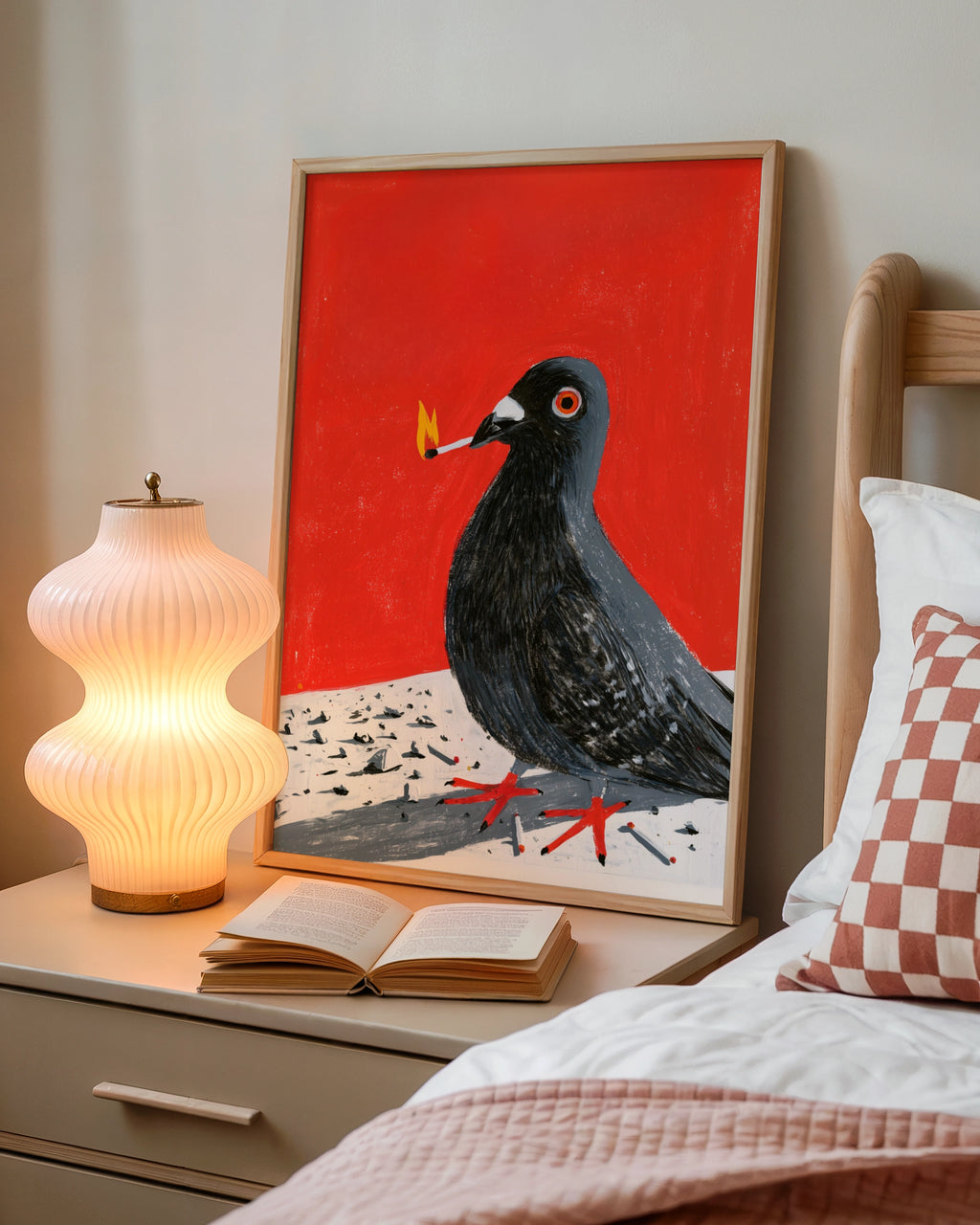 Pigeon with Match Poster, Bold Red Wall Art, Urban Bird Print