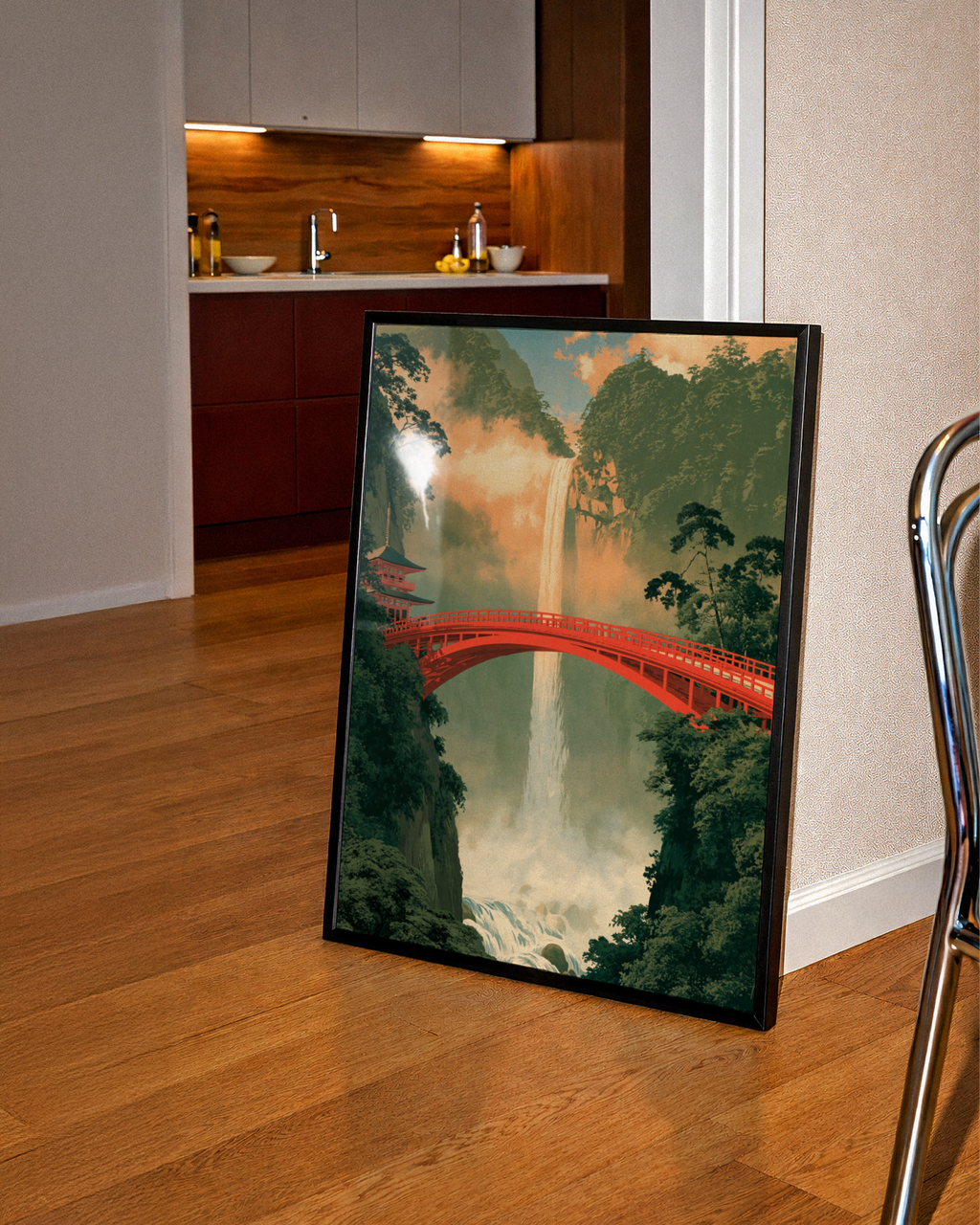 Red Bridge Waterfall Japan Poster, Japanese Pagoda Wall Art, Ukiyo-e Style Print