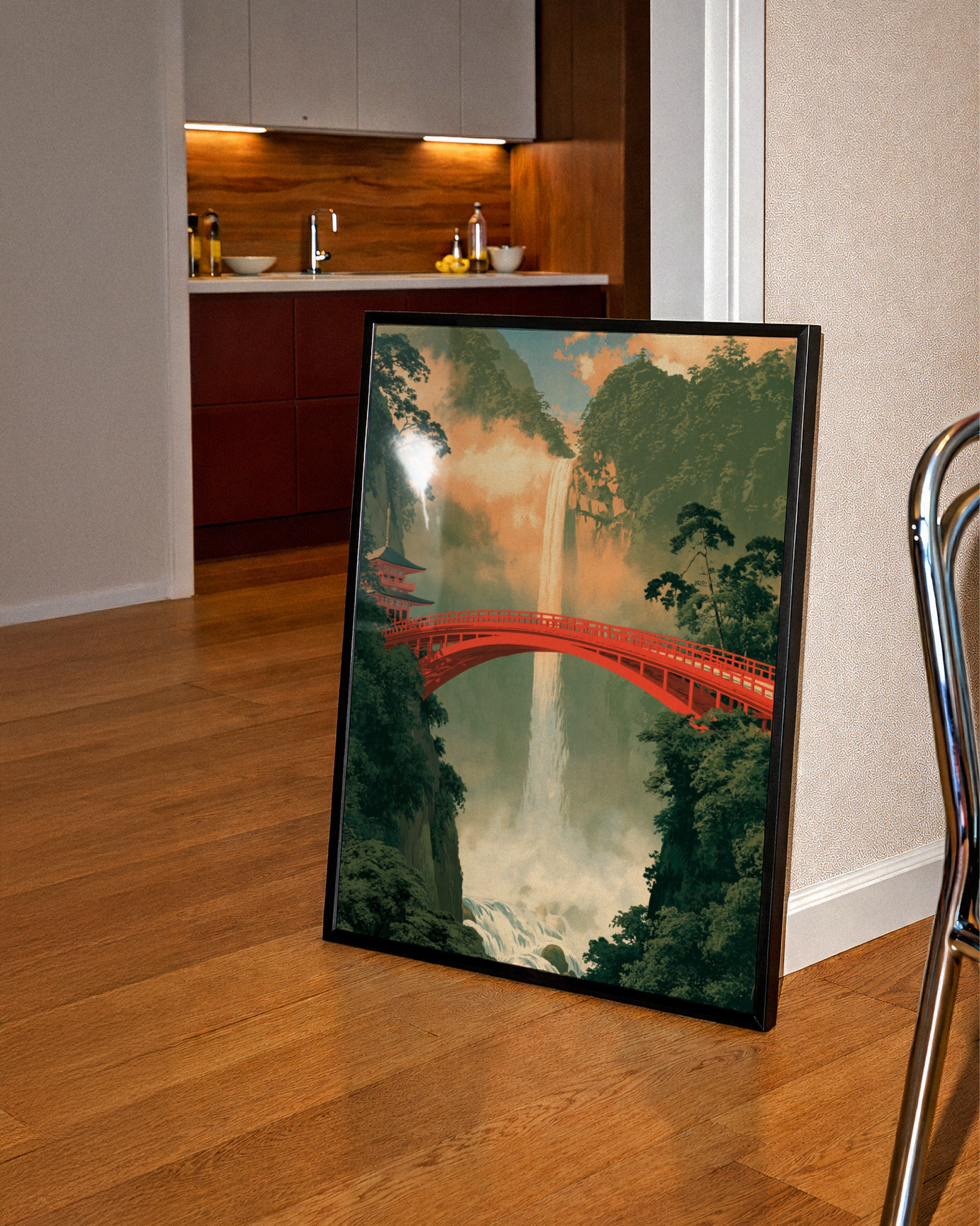 Red Bridge Waterfall Japan Poster, Japanese Pagoda Wall Art, Ukiyo-e Style Print