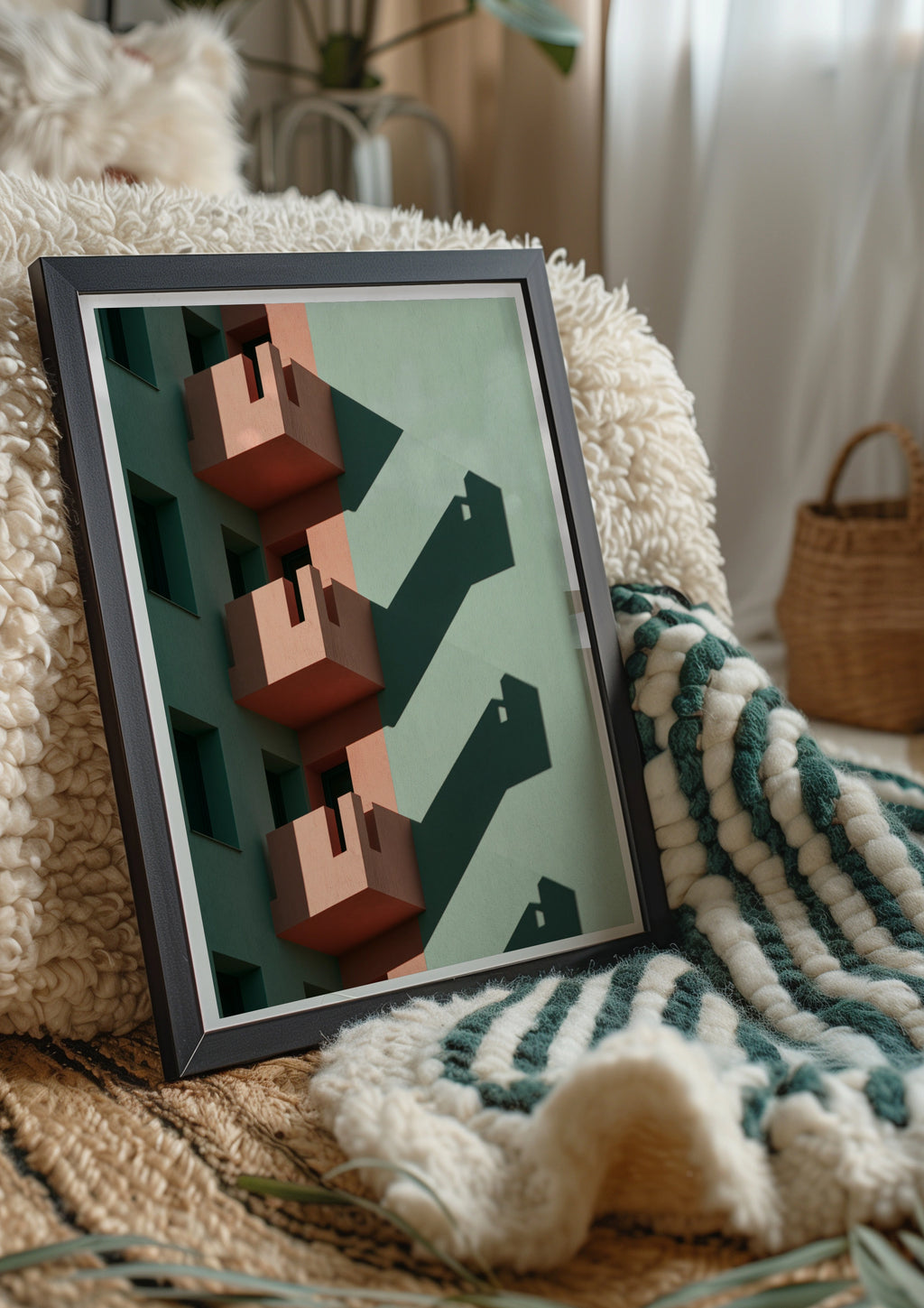 Architecture Balcony Shadow Poster, Pink Green Geometric Building Print, Minimalist