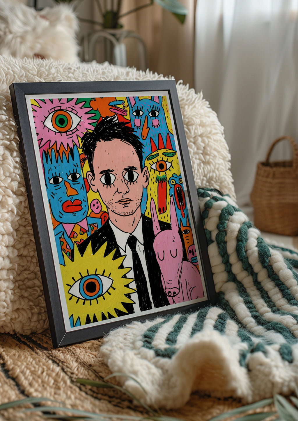 Psychedelic Portrait Drawing Poster, Surreal Monsters, Bold Colourful Wall Art