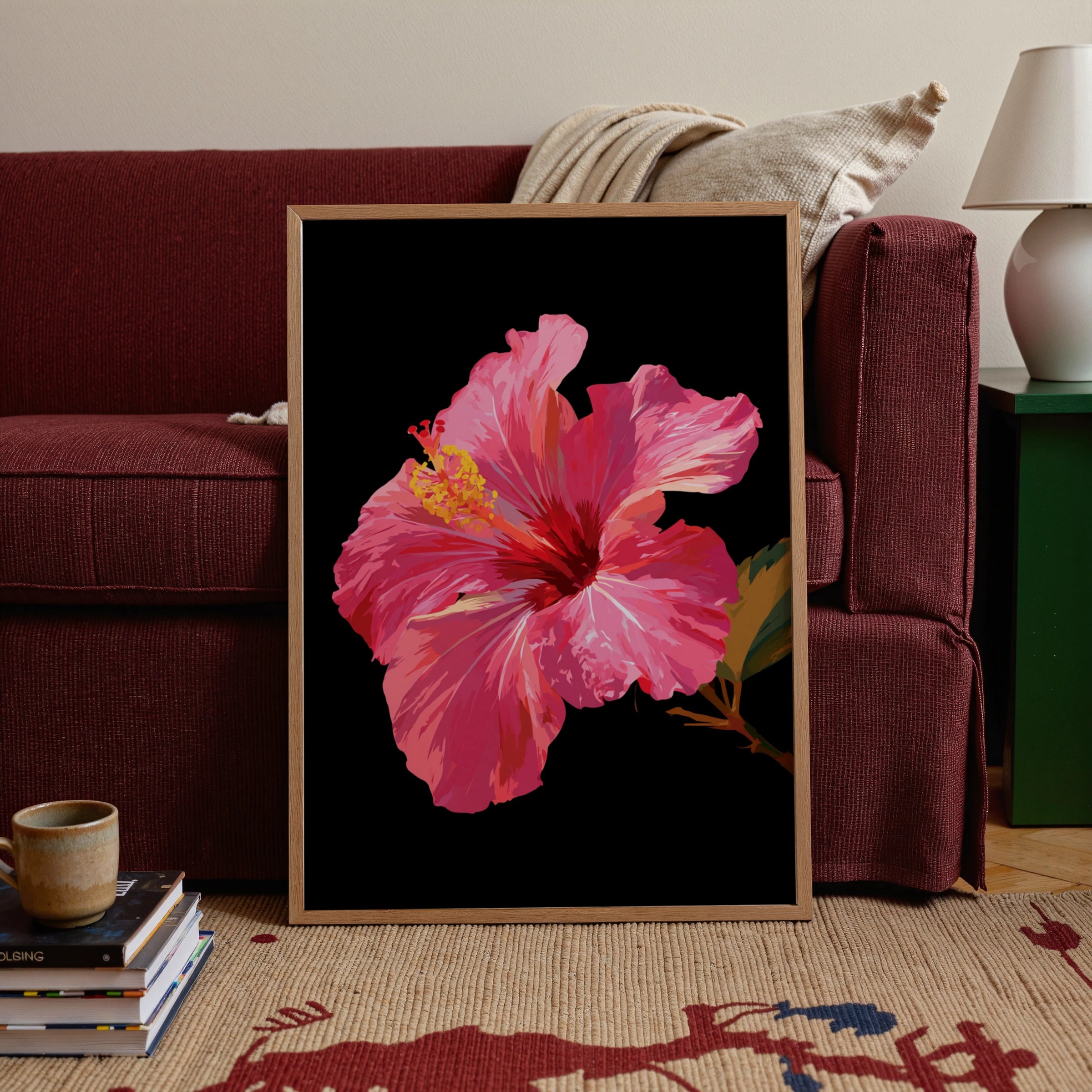 Pink Hibiscus Flower Poster, Tropical Botanical Wall Art, Dark Background Print