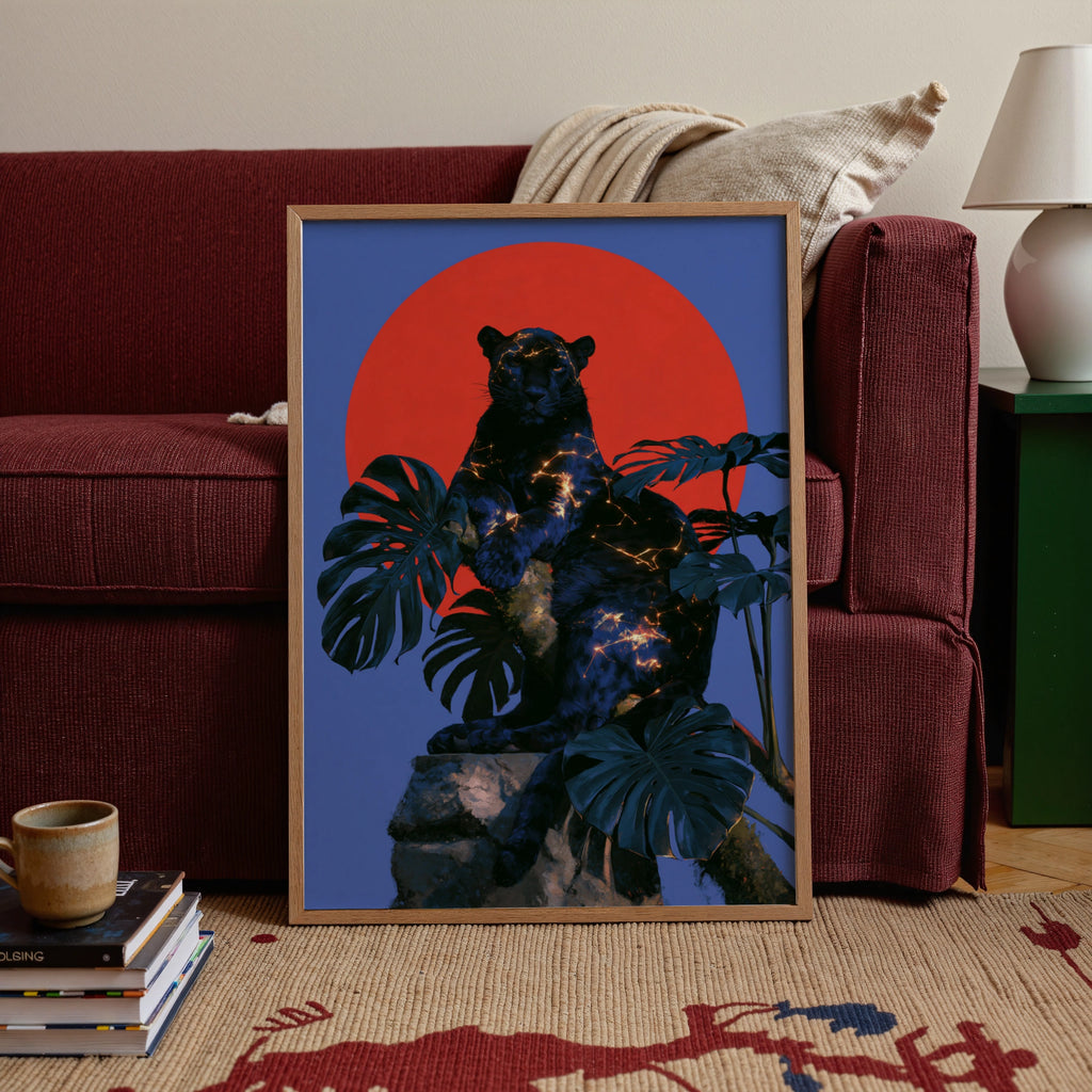 Black Panther Red Sun Monstera Poster, Celestial Big Cat Art Print