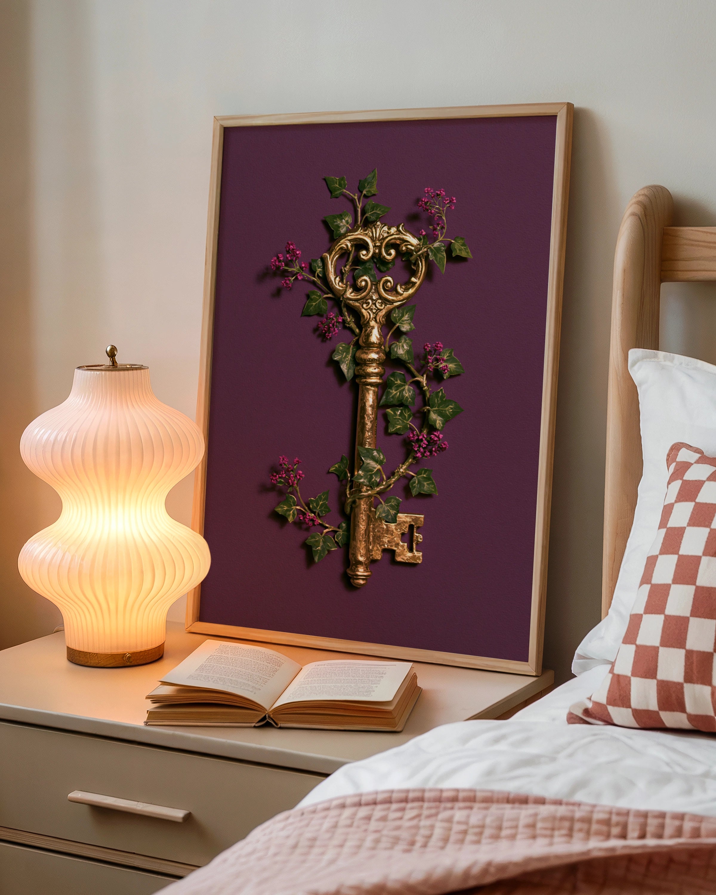 Antique Gold Key Floral Poster, Botanical Ivy Wall Art, Dark Maximalist Print