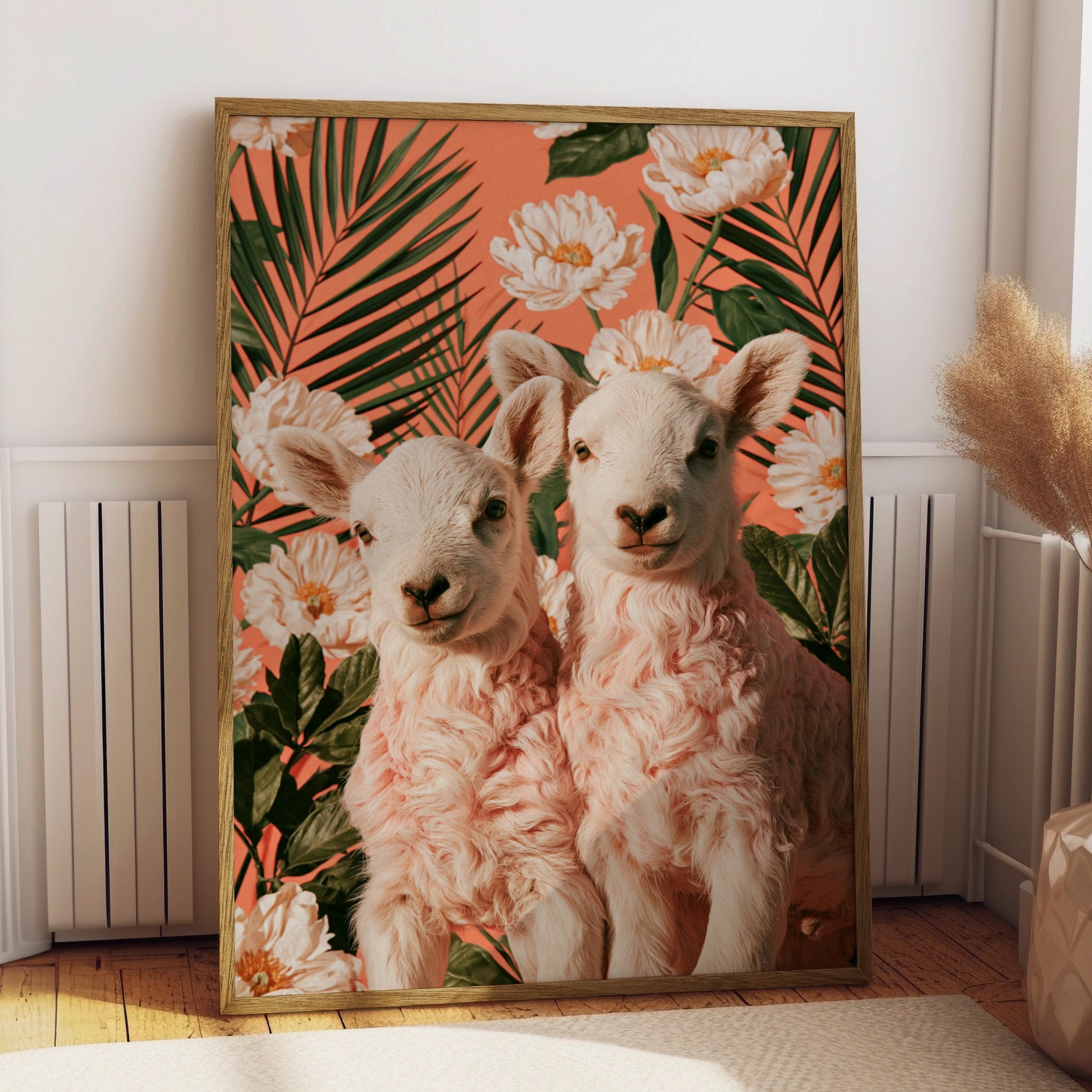 Lambs Floral Palm Poster, Cute Sheep Wall Art, Botanical Coral Print