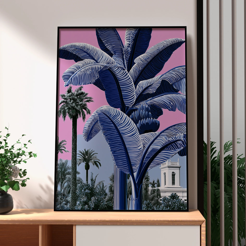 Blue Banana Tree Poster, Tropical Palm Pink Sky, Bold Botanical Wall Art