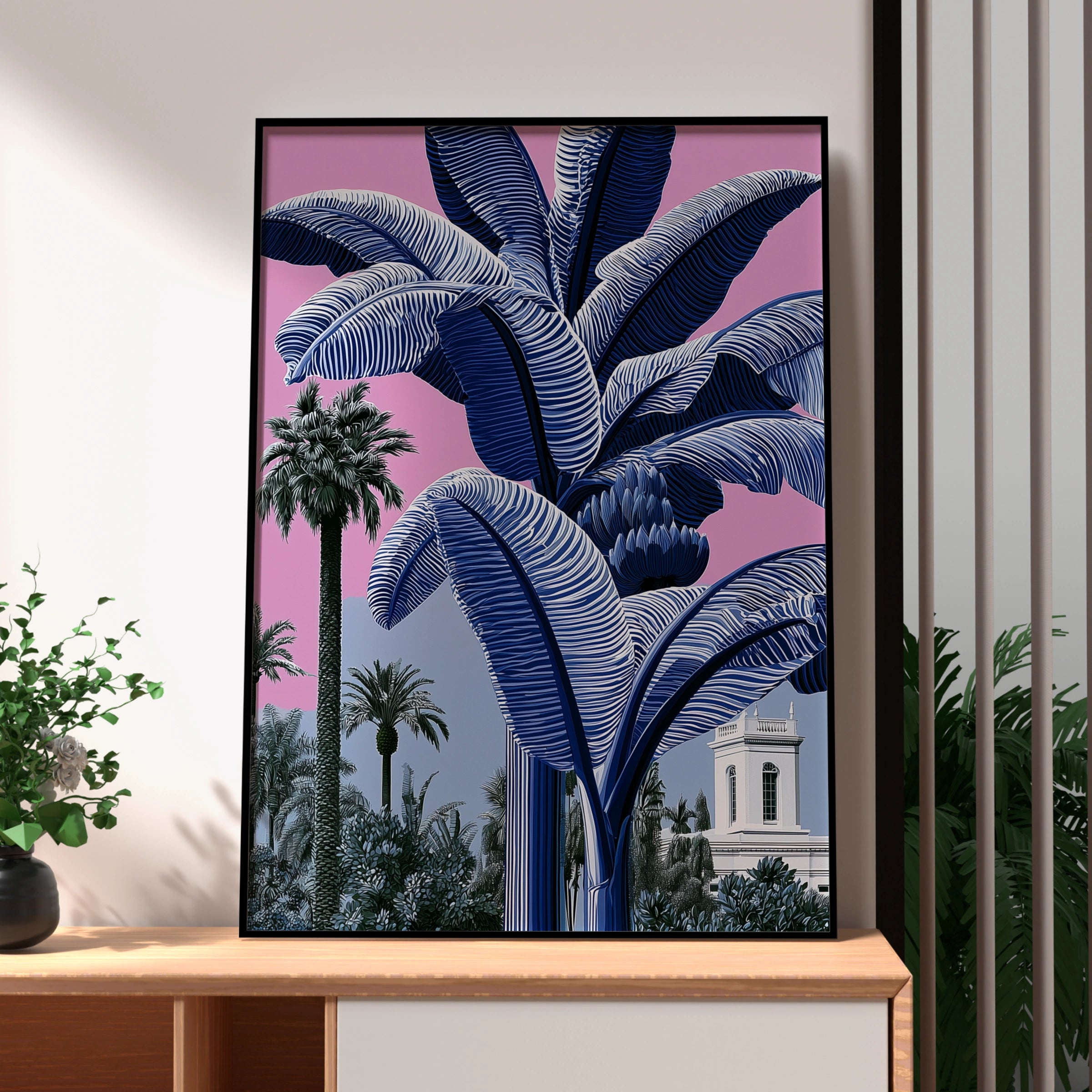 Blue Banana Tree Poster, Tropical Palm Pink Sky, Bold Botanical Wall Art
