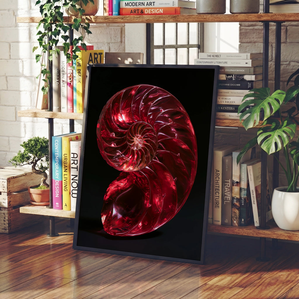 Red Nautilus Shell Poster, Spiral Fibonacci Art Print, Bold Nature Wall Art