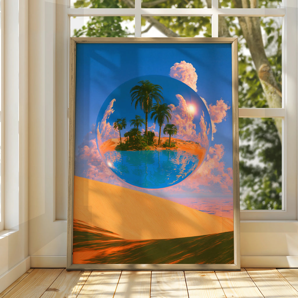 Desert Oasis Sphere Poster, Surreal Palm Tree Sand Dune Wall Art Print