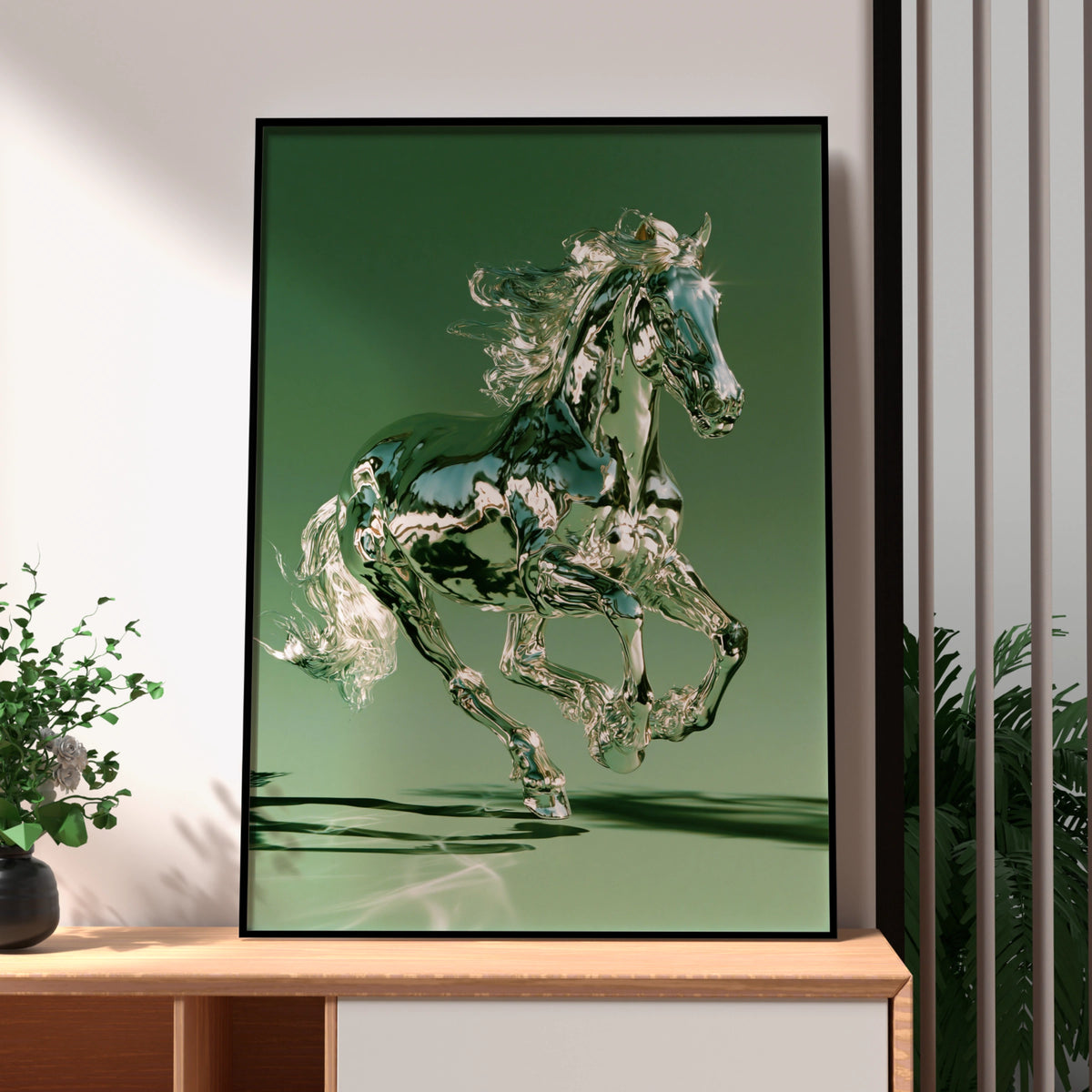 Chrome Horse Poster, Green Metallic Running Horse, Modern 3D Wall Art
