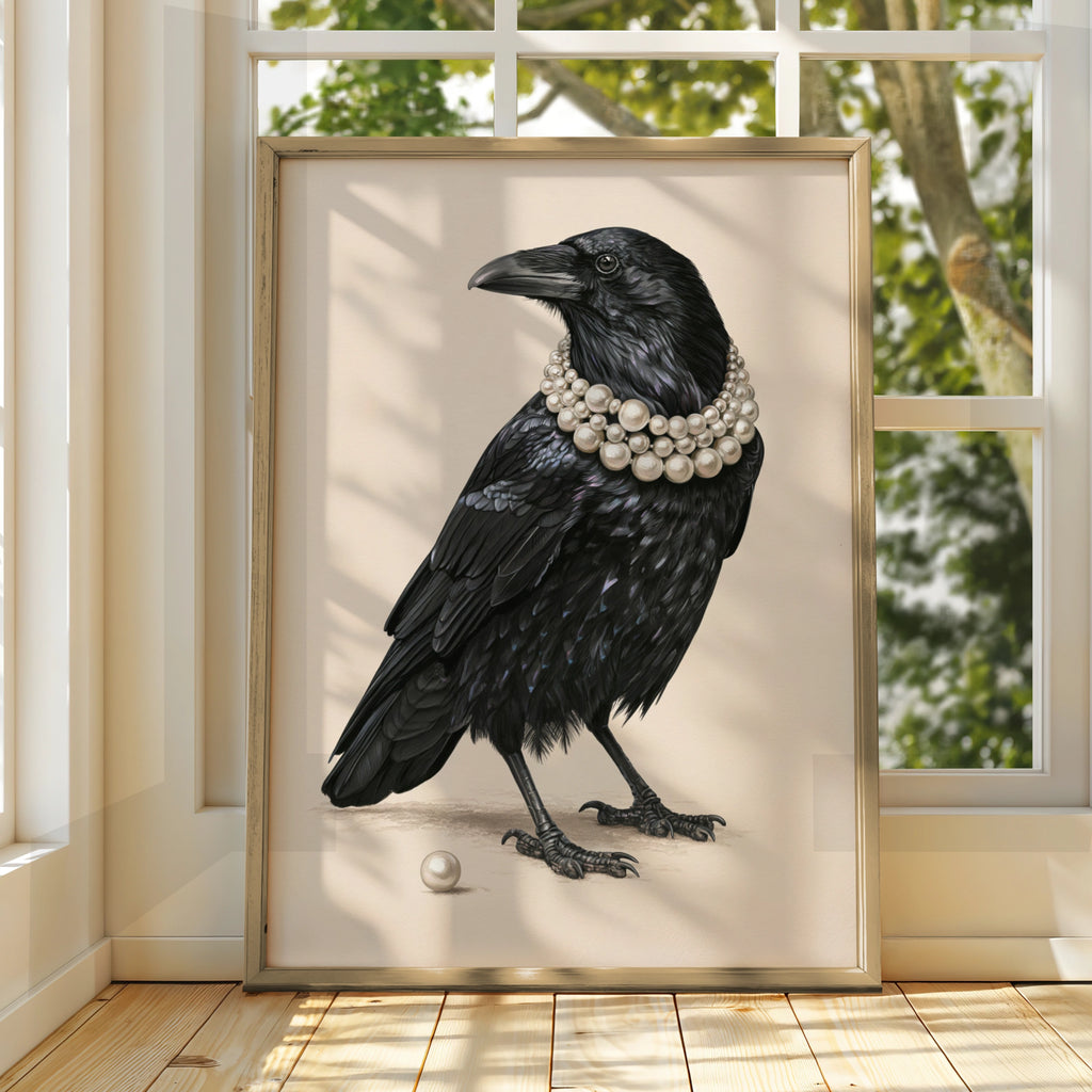 Raven with Pearl Necklace Poster, Black Crow Art Print, Whimsical Bird Wall Art