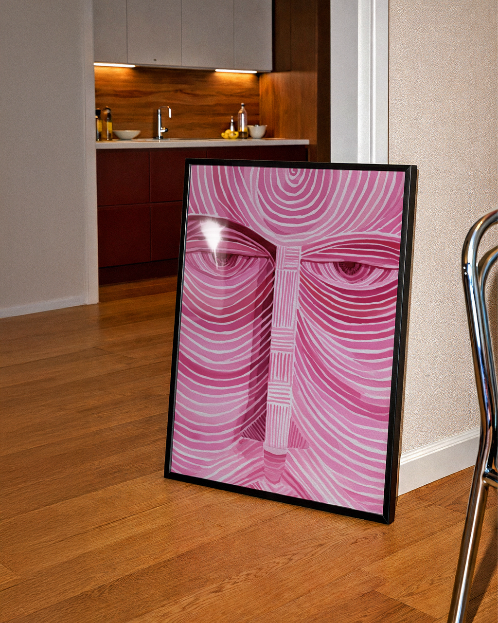 Pink Face Portrait Poster, Abstract Line Art Print, Psychedelic Wall Art