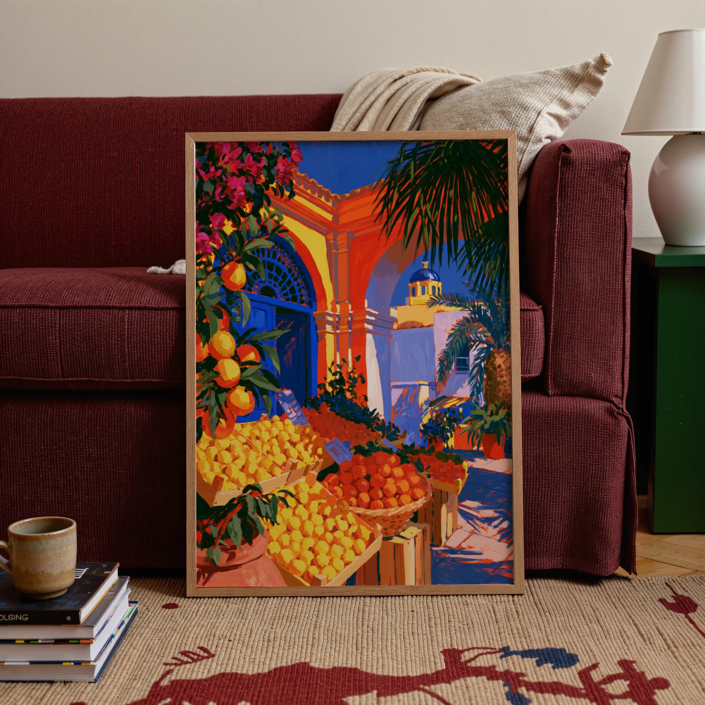 Mediterranean Market Lemons Oranges Poster, Colourful Fruit Stall Wall Art