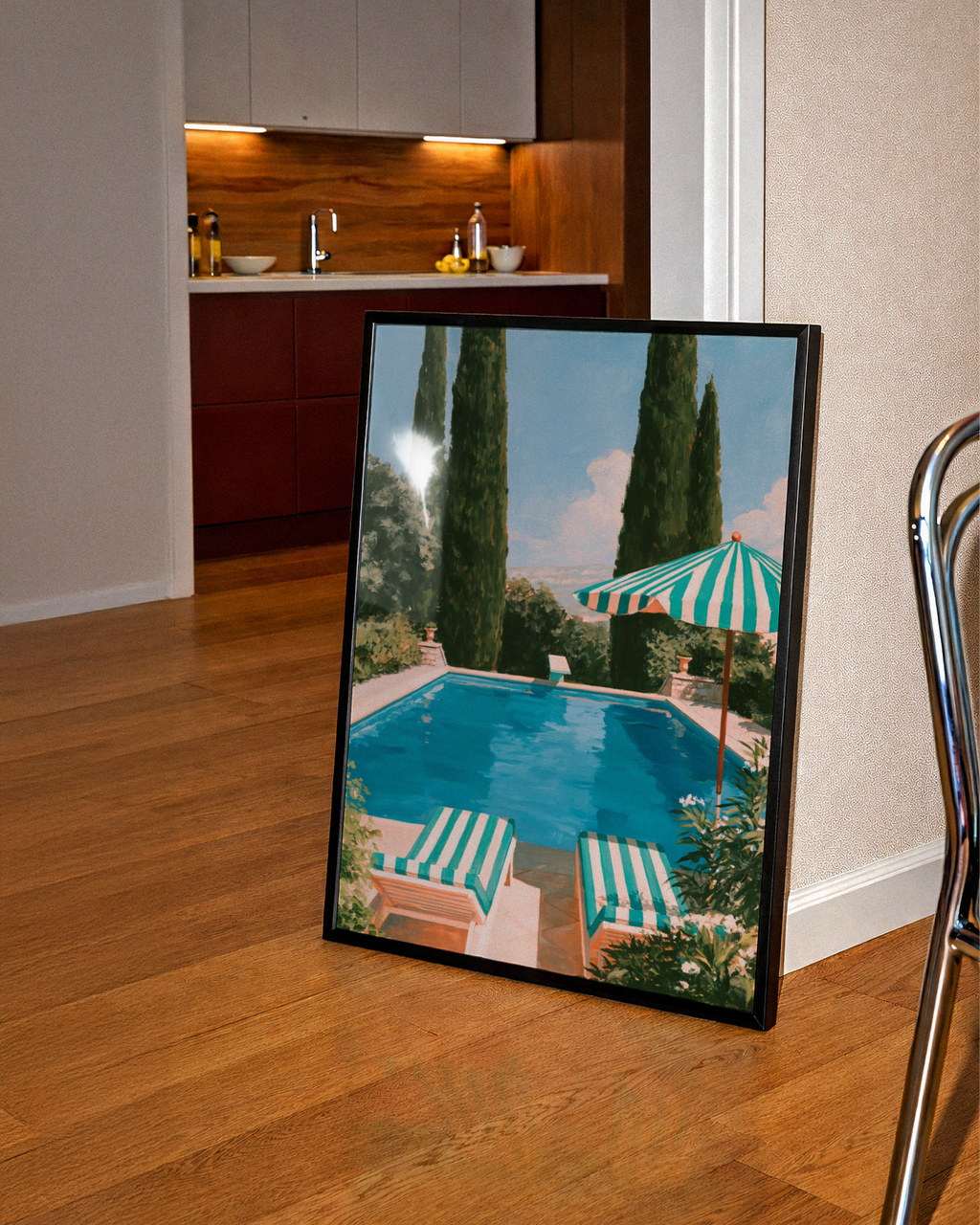 Pool Loungers Striped Umbrella Art Print, Mediterranean Summer Poster, Painted Style