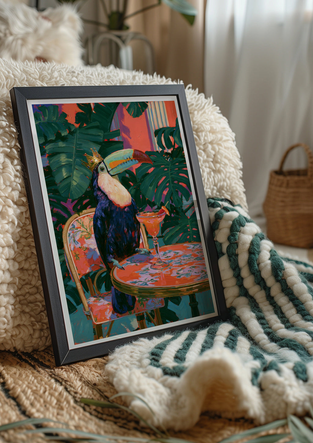 Crowned Toucan Cocktail Table Poster, Tropical Bird Art Print, Bold Maximalist