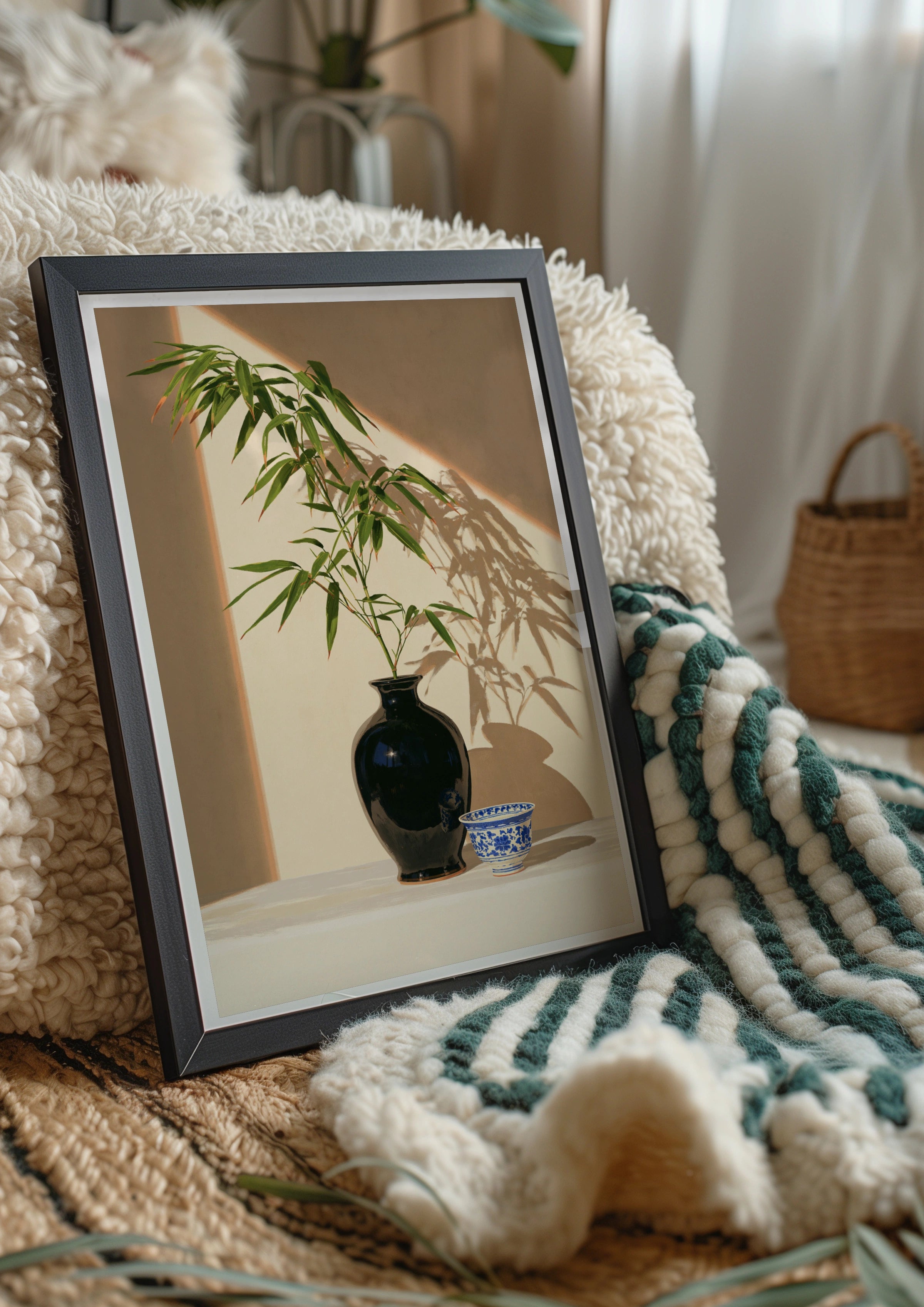 Black Porcelain Vase Bamboo Still Life Poster, Asian Botanical Wall Art Print