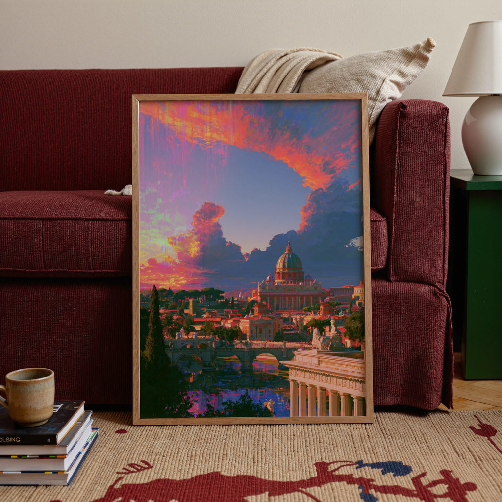 Rome Sunset Skyline Poster, St Peter's Basilica, Vibrant Orange Sky Art Print