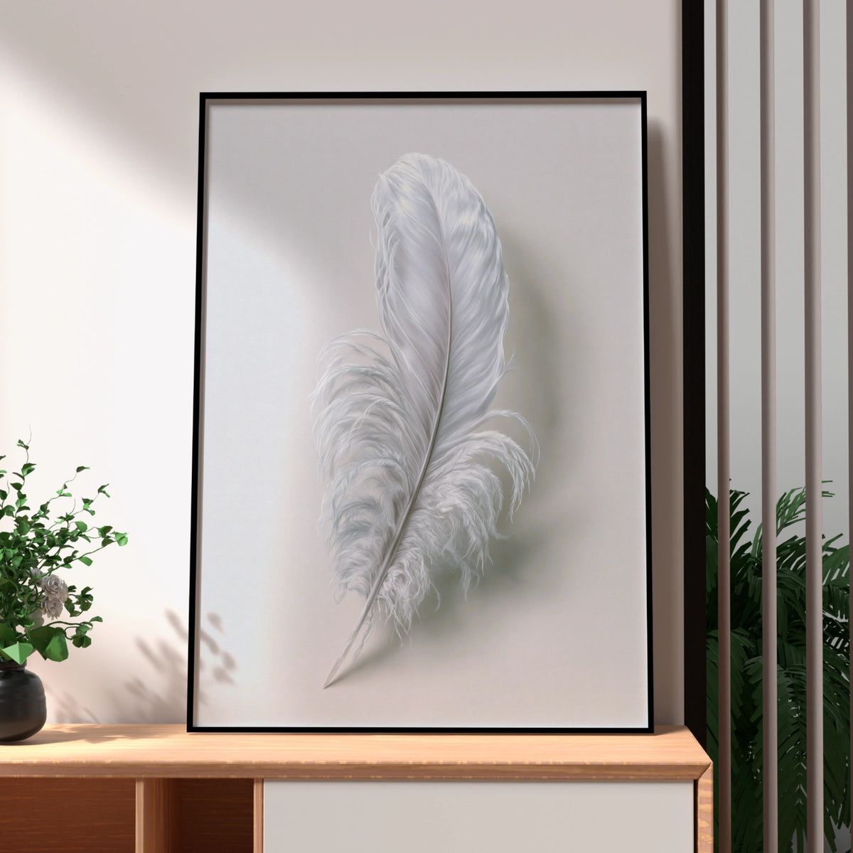 White Feather Wall Art Poster, Minimalist Nature Print, Soft Grey