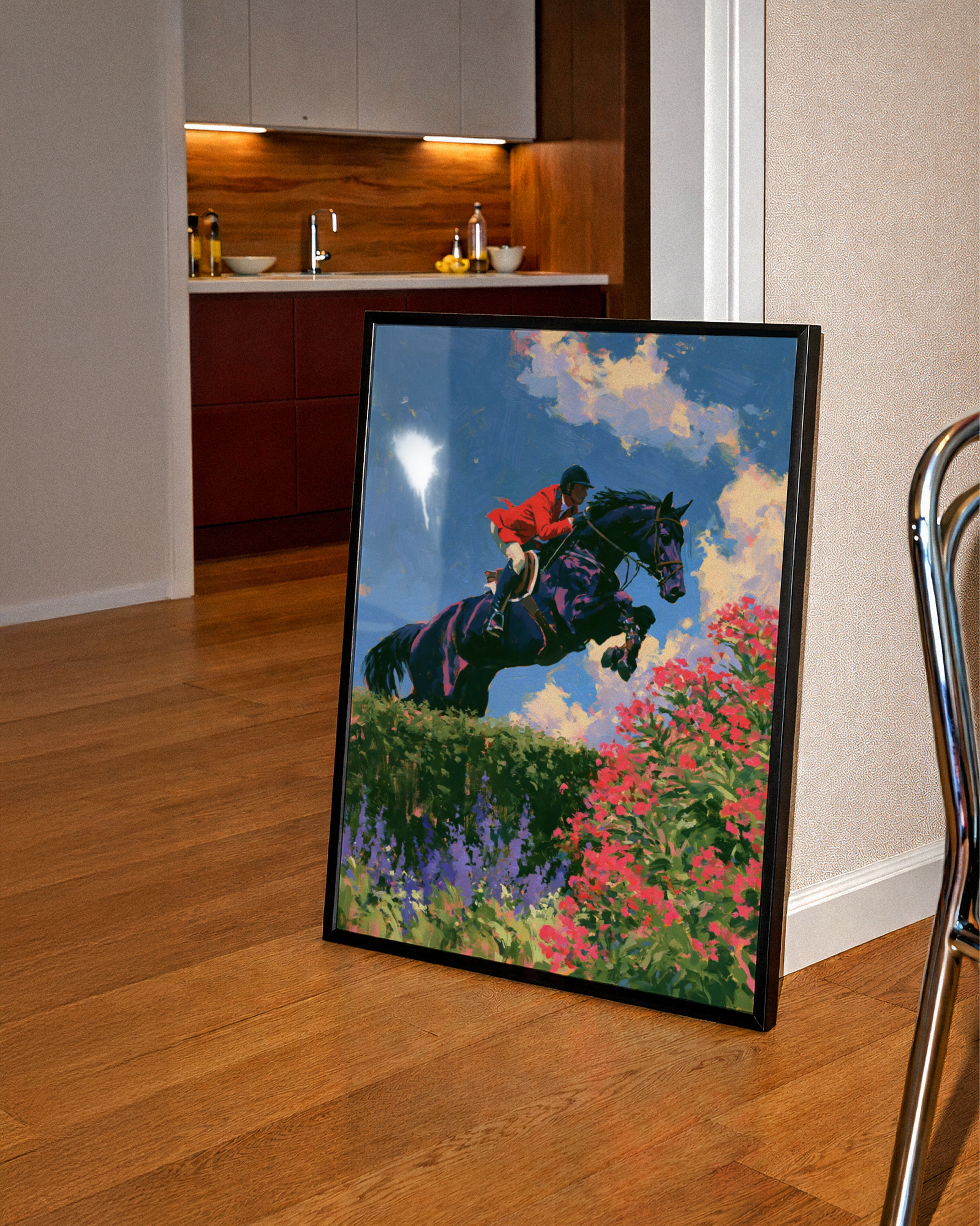 Horse Rider Leaping, Equestrian Show Jumping Poster, Oil Painting Style