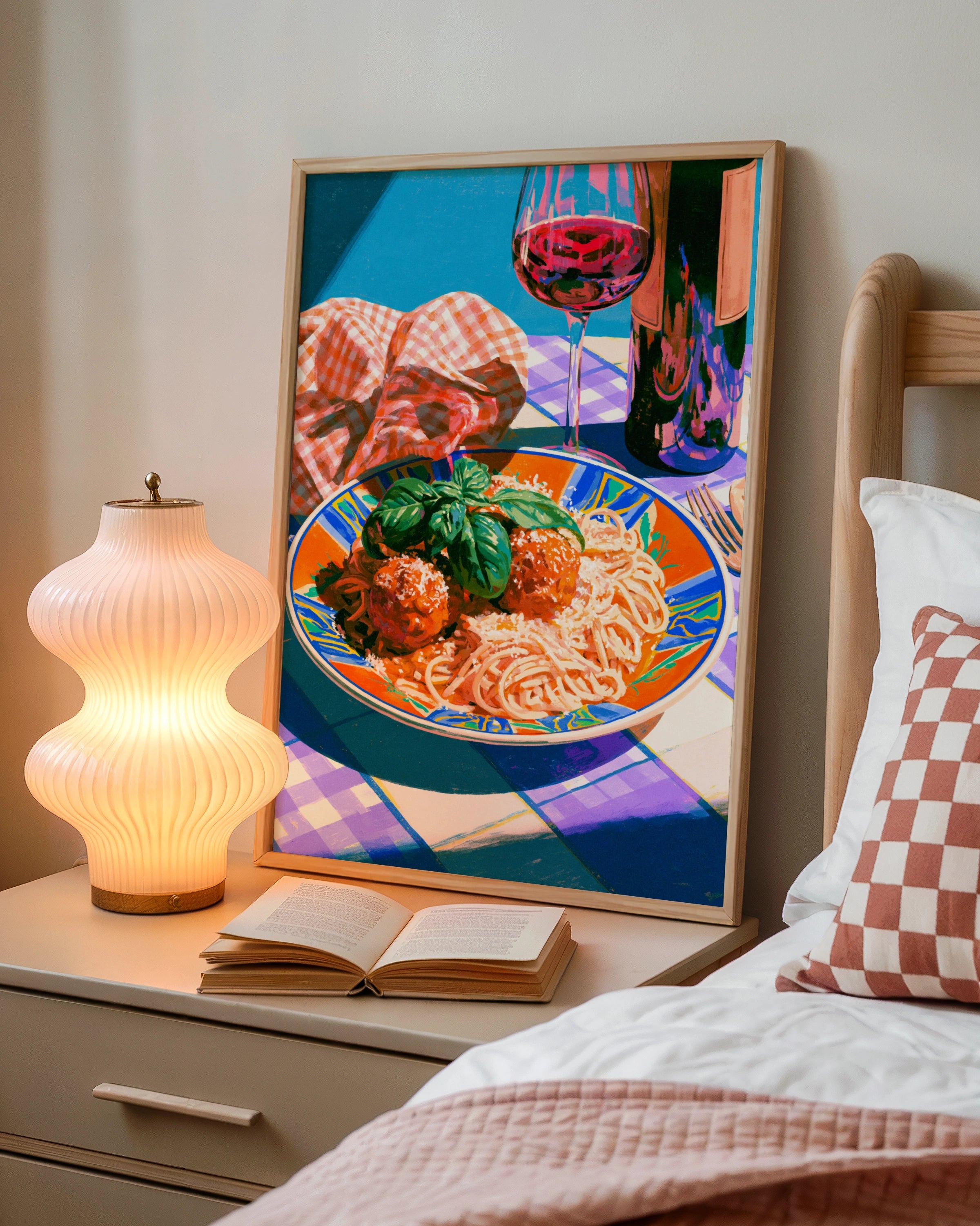 Pasta Meatballs Italian Food Poster, Spaghetti Wall Art, Colourful Kitchen Print