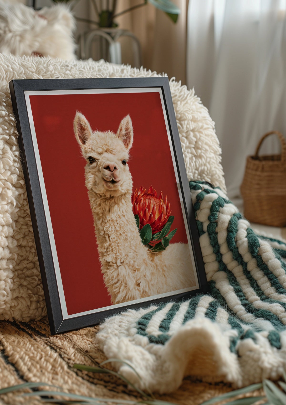 Alpaca with Red Protea Flower Poster, Bold Animal Wall Art Print