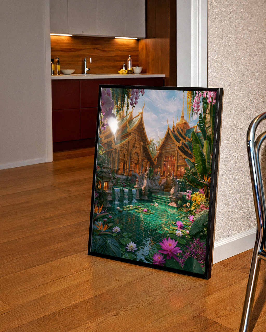 Thai Royal Temple Courtyard Poster, Lotus Garden, Tropical Wall Art Print