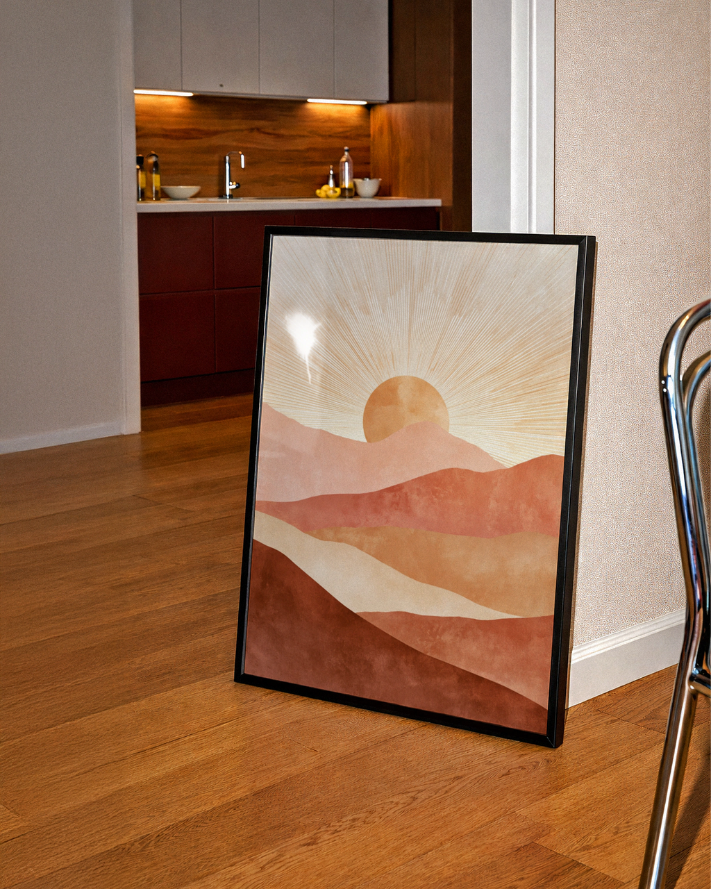 Boho Sun Mountain Poster, Terracotta Desert Landscape Print, Mid Century Wall Art