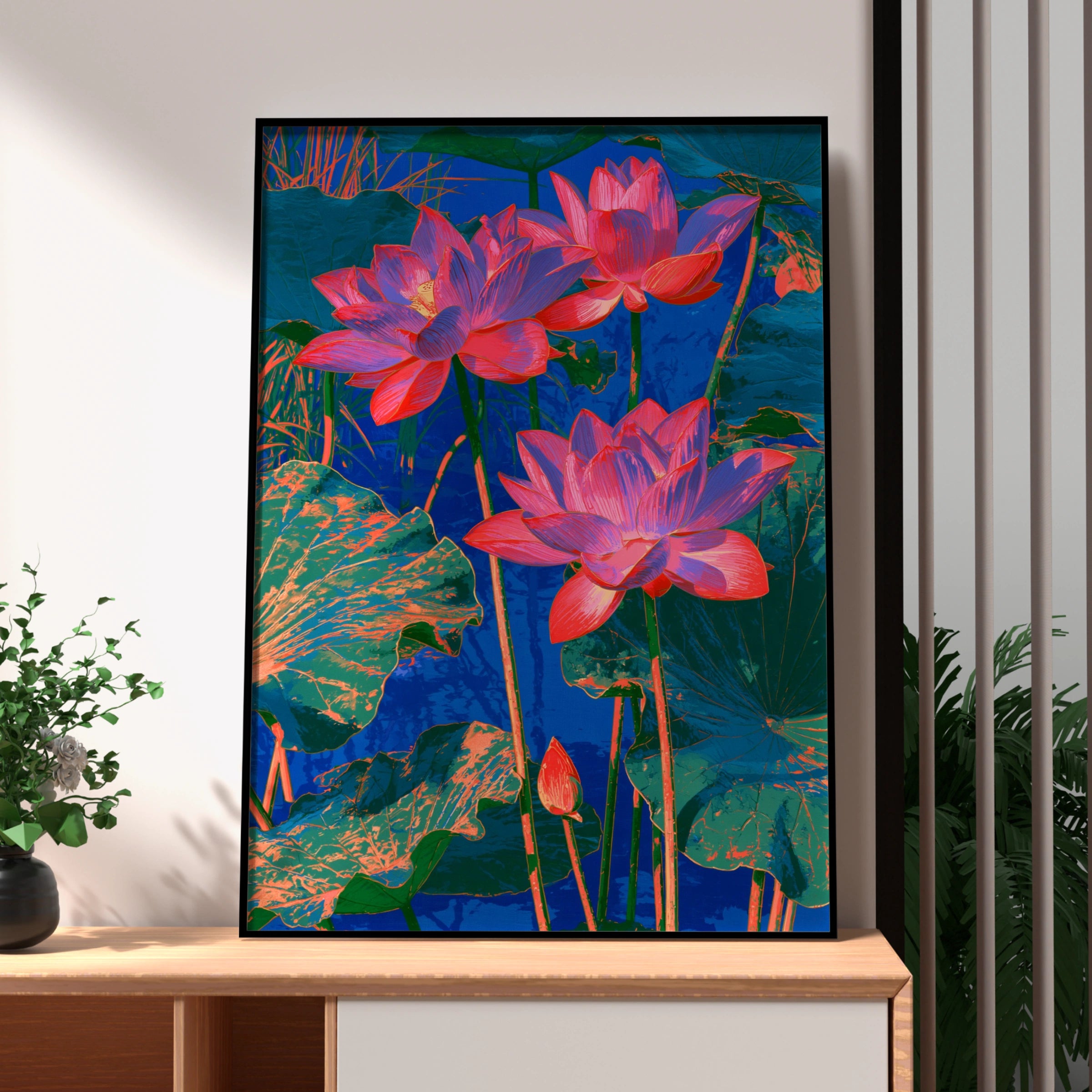 Pink Lotus Flower Water Poster, Bold Botanical Art Print, Vibrant Floral Wall Art
