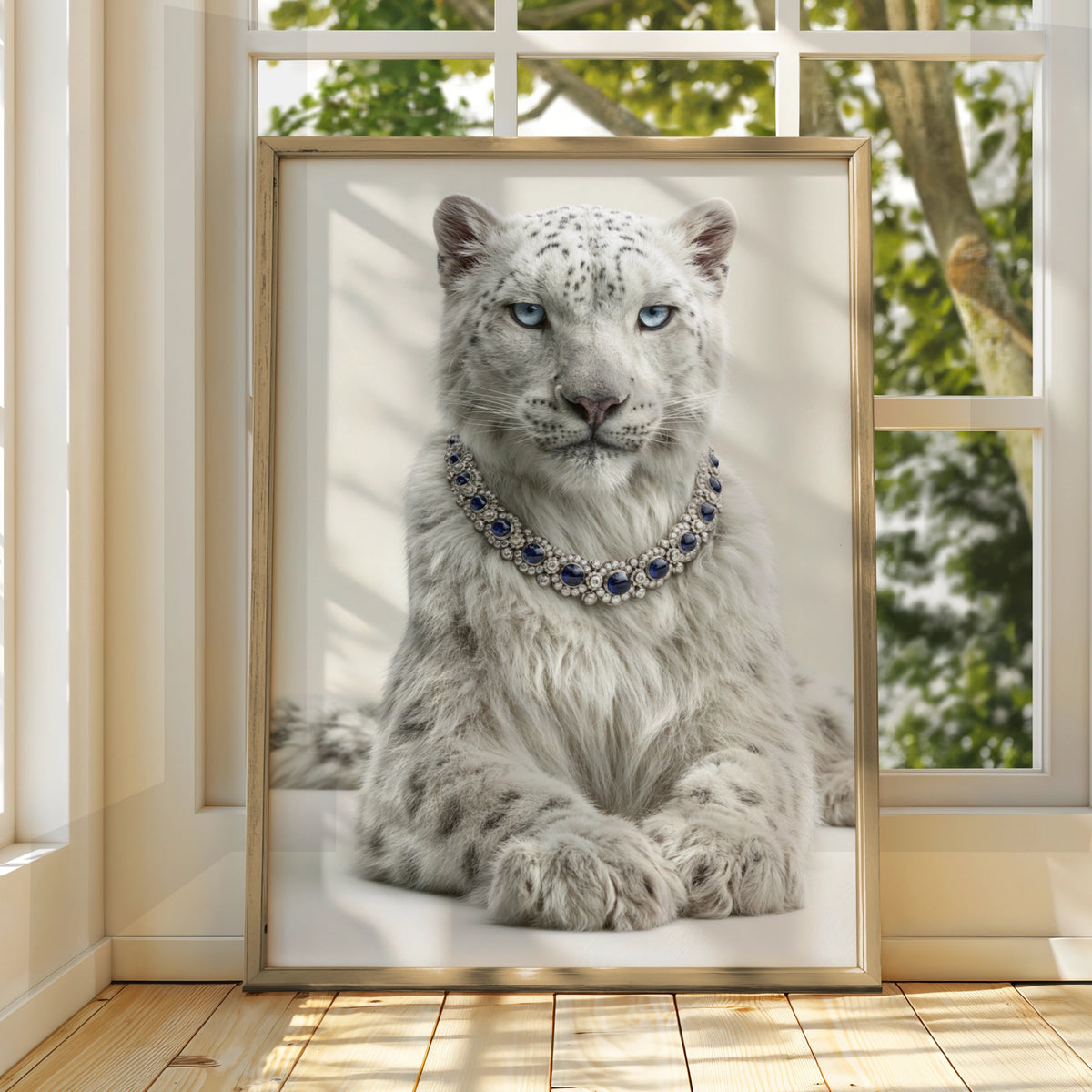 Snow Leopard Sapphire Necklace Wall Art Poster, Luxury Wildlife Print