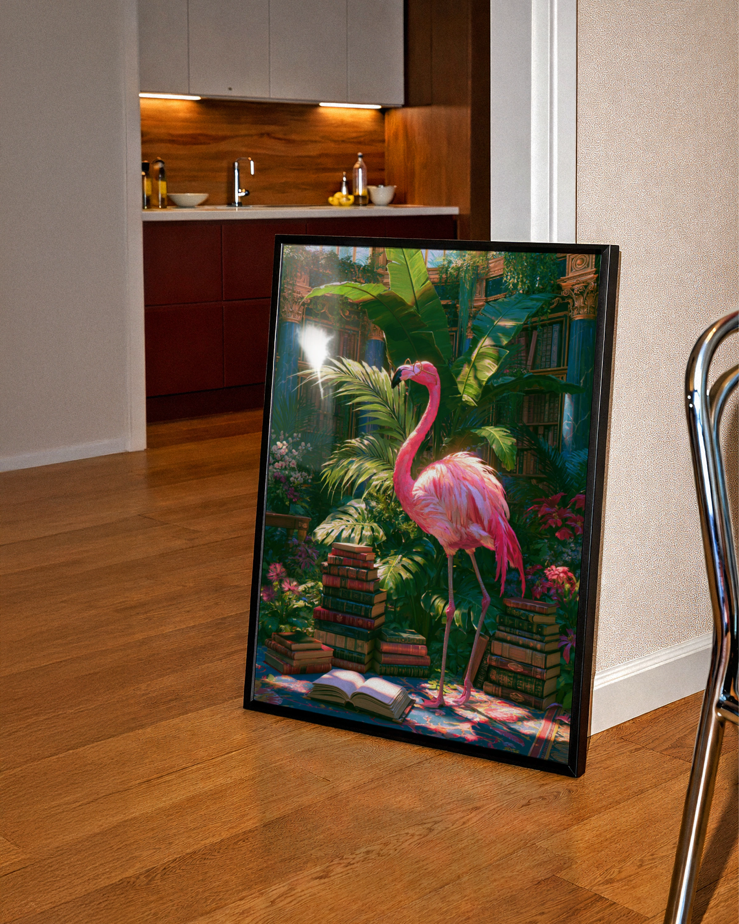 Flamingo Library Poster, Tropical Books Wall Art, Whimsical Botanical Print