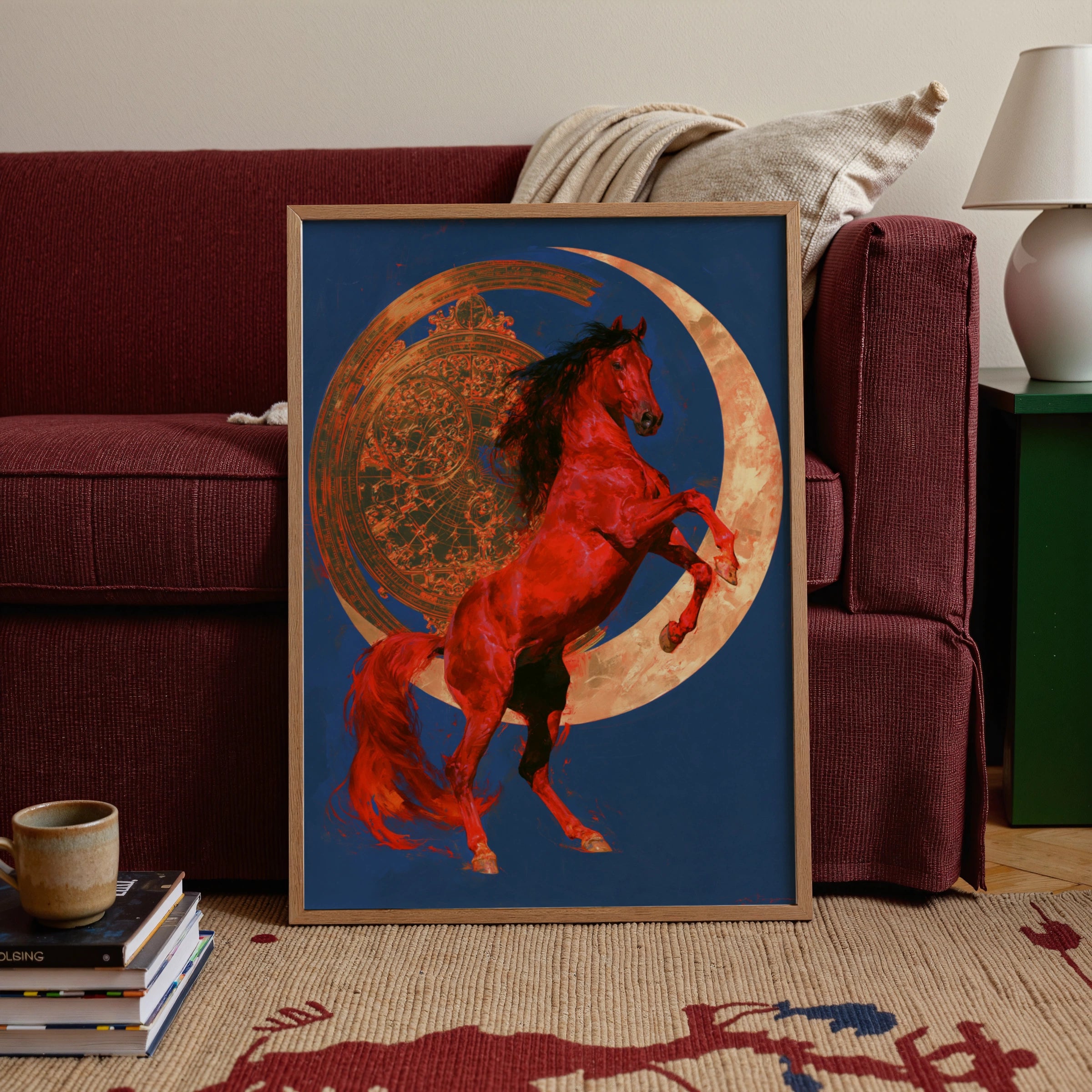 Rearing Red Horse Moon Poster, Celestial Equine Wall Art, Bold Dramatic Print