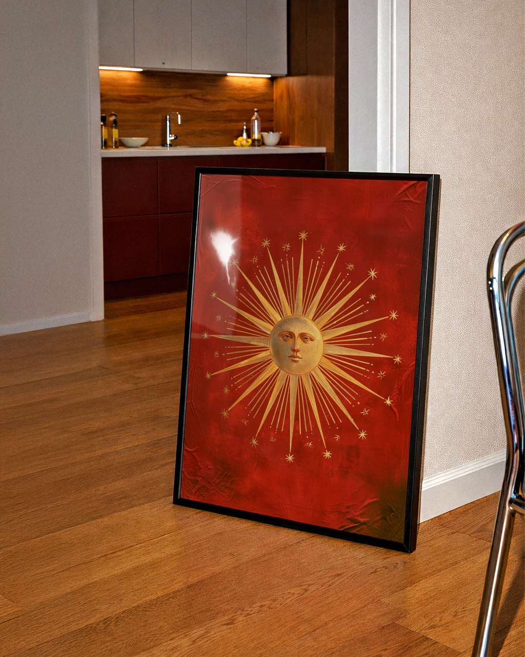 Vintage Tarot Sun Face Poster, Gold Celestial Wall Art, Red Occult Print