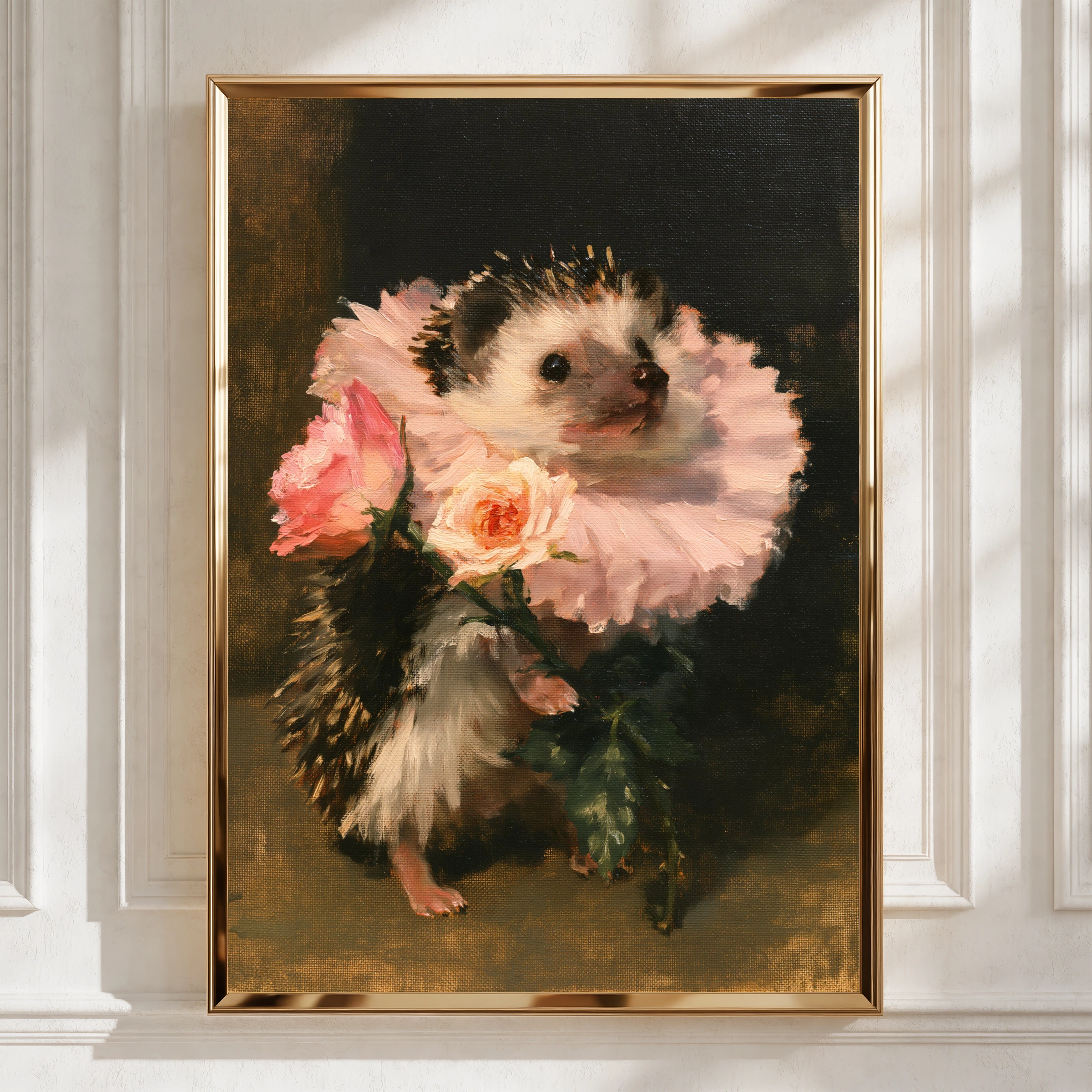Hedgehog with Roses Poster, Floral Animal Wall Art, Old Masters Style Print