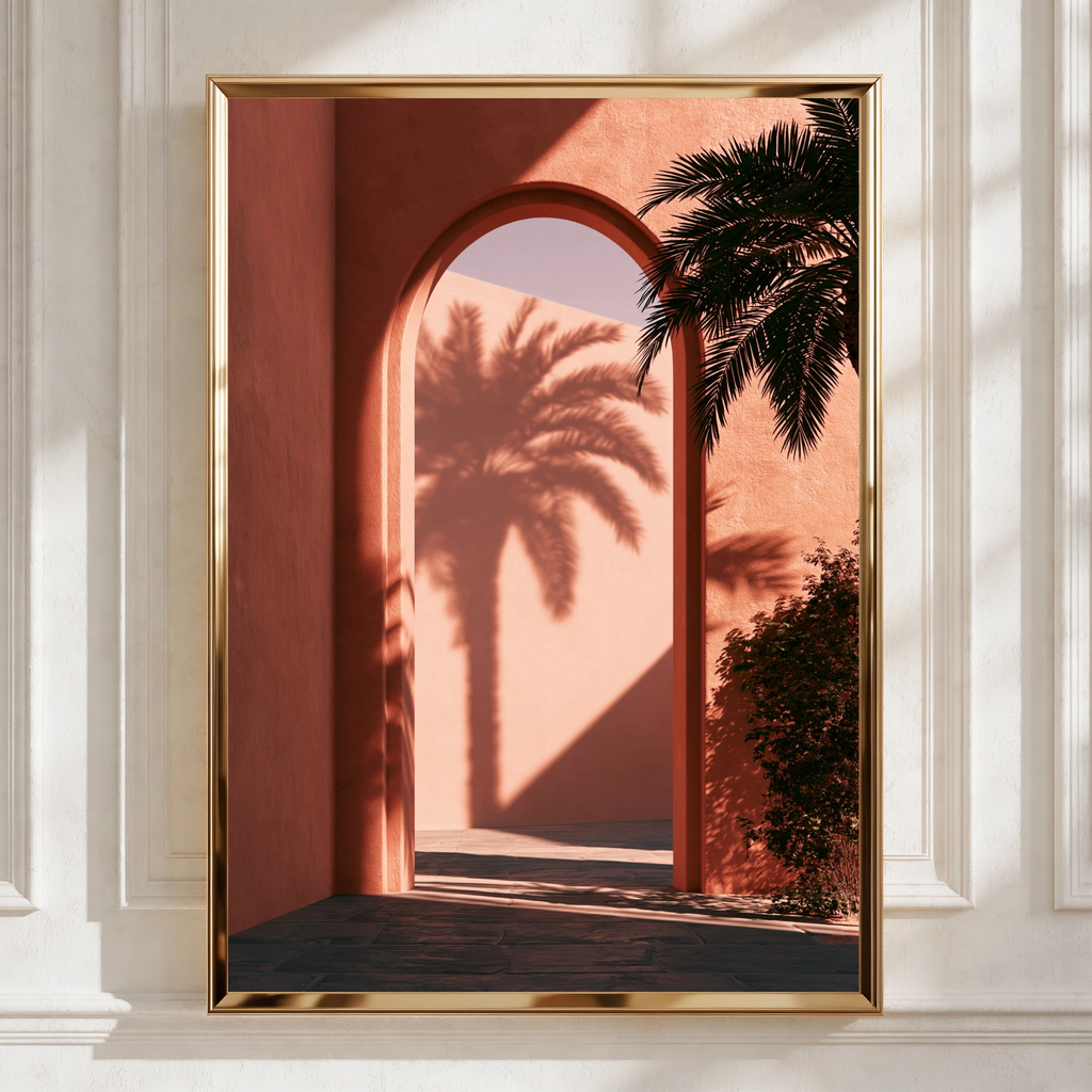 Terracotta Arch Palm Shadow Wall Art Poster, Mediterranean Architecture Print