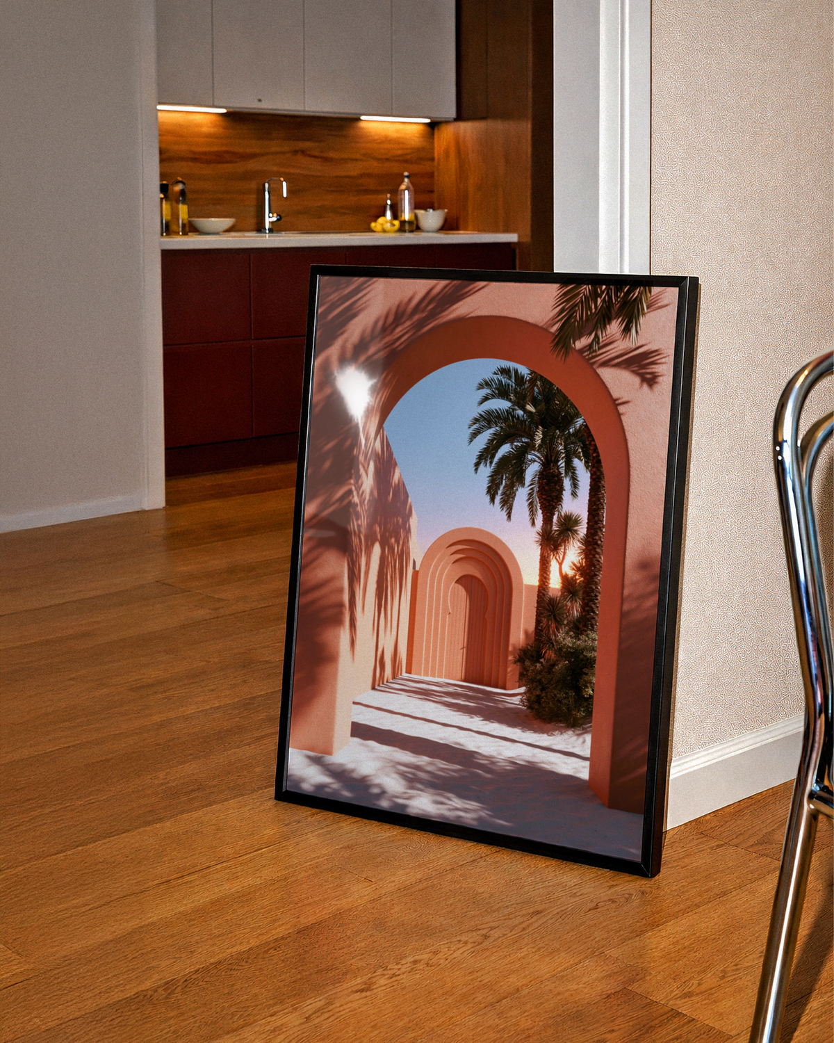 Middle East Arch Palm Tree Poster, Terracotta Architecture Wall Art, Minimalist