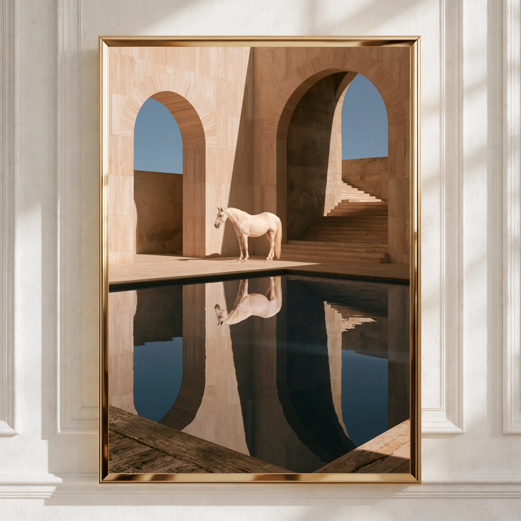 White Horse Reflection Travertine Arch Wall Art Poster, Minimalist Equine Print
