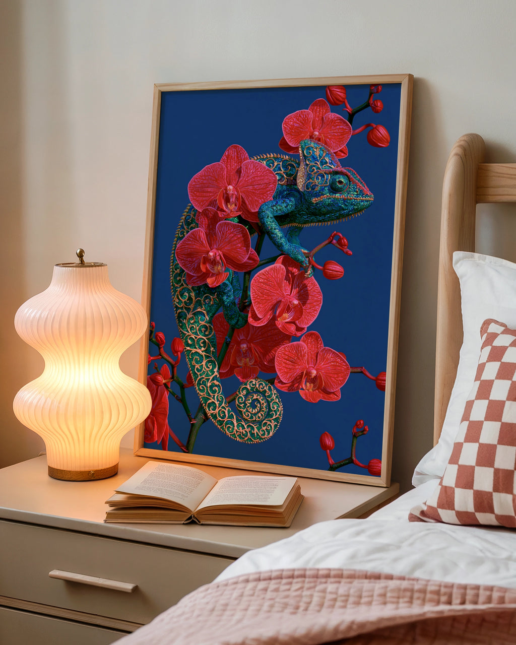 Chameleon Orchid Wall Art Poster, Red Floral Reptile, Botanical Animal Print