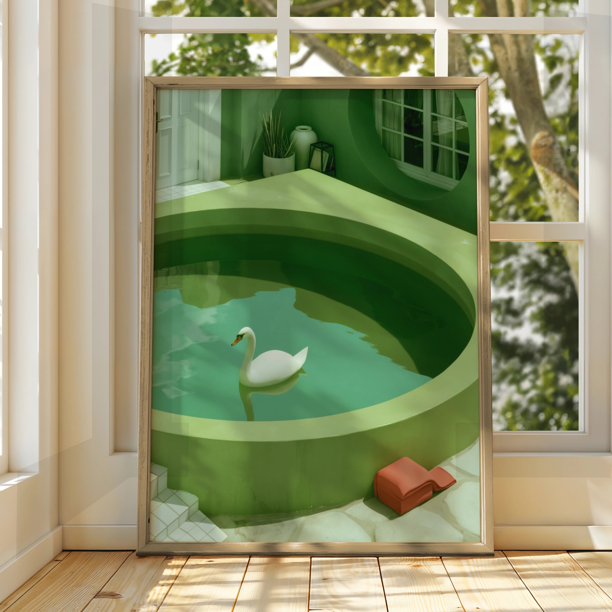 Swan in Green Pool Poster, Surreal Minimalist Wall Art Print