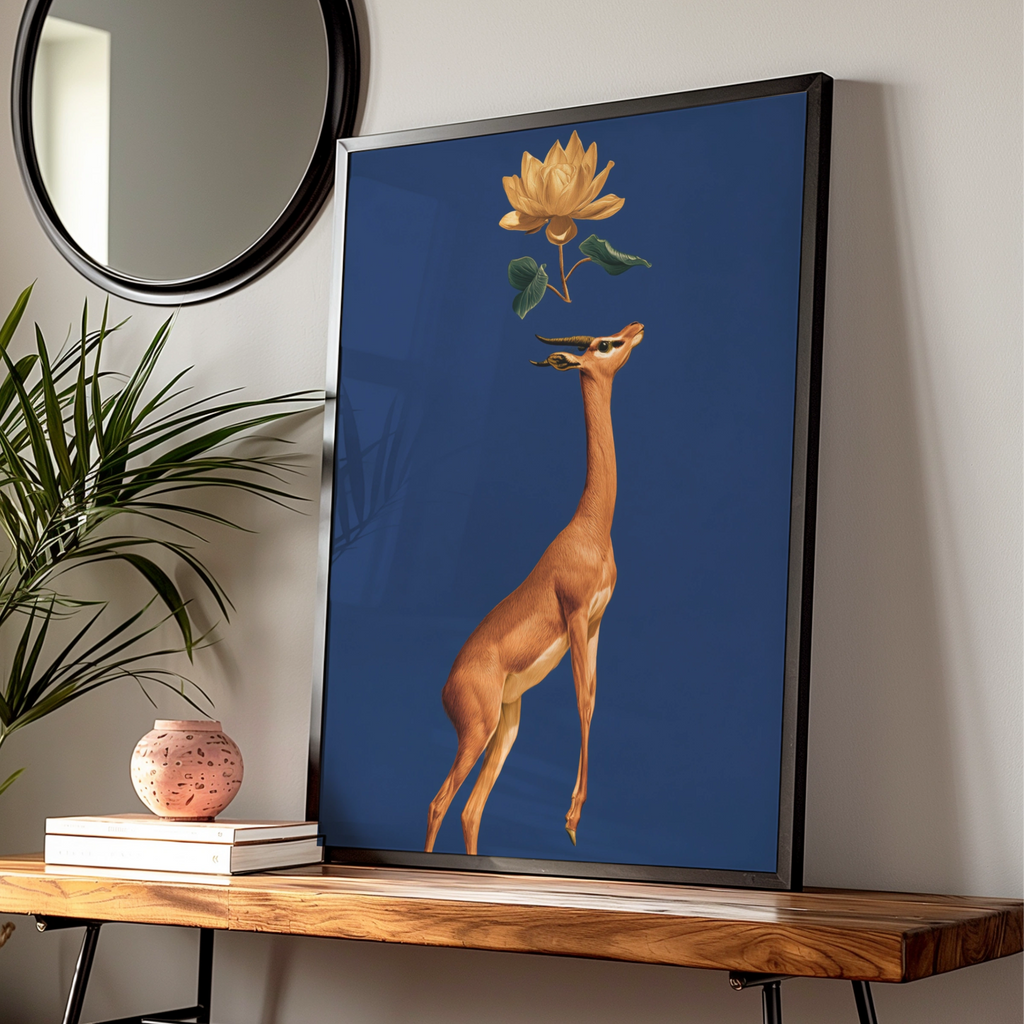 Gerenuk Antelope Lotus Flower Poster, Navy Blue Gold Wildlife Art Print
